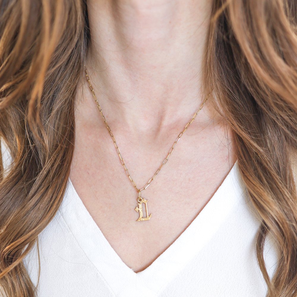 Erica Molinari Trunk Show: Charm, Hand Engraved Gothic Font Initial L, 18K gold