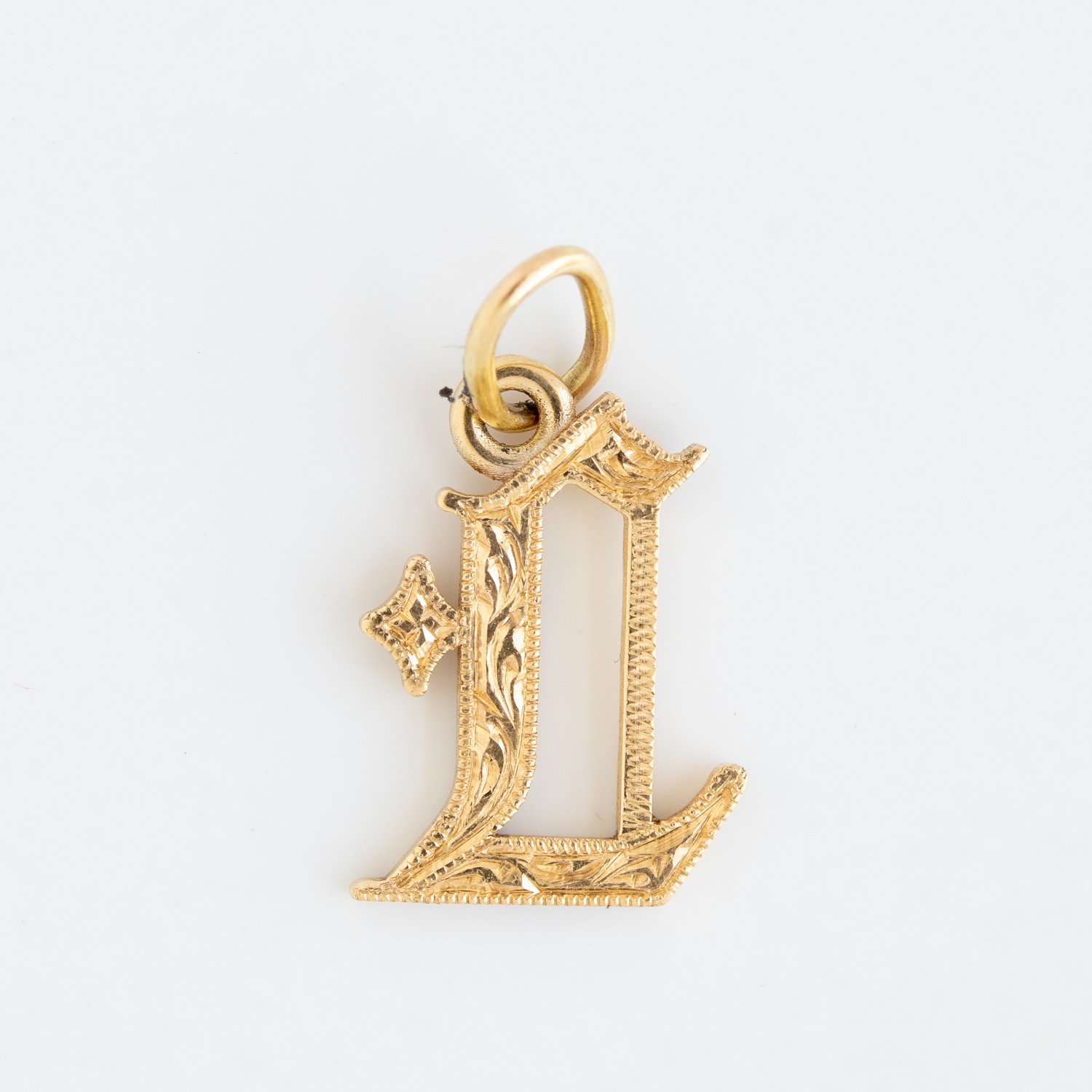 Erica Molinari Trunk Show: Charm, Hand Engraved Gothic Font Initial L, 18K gold