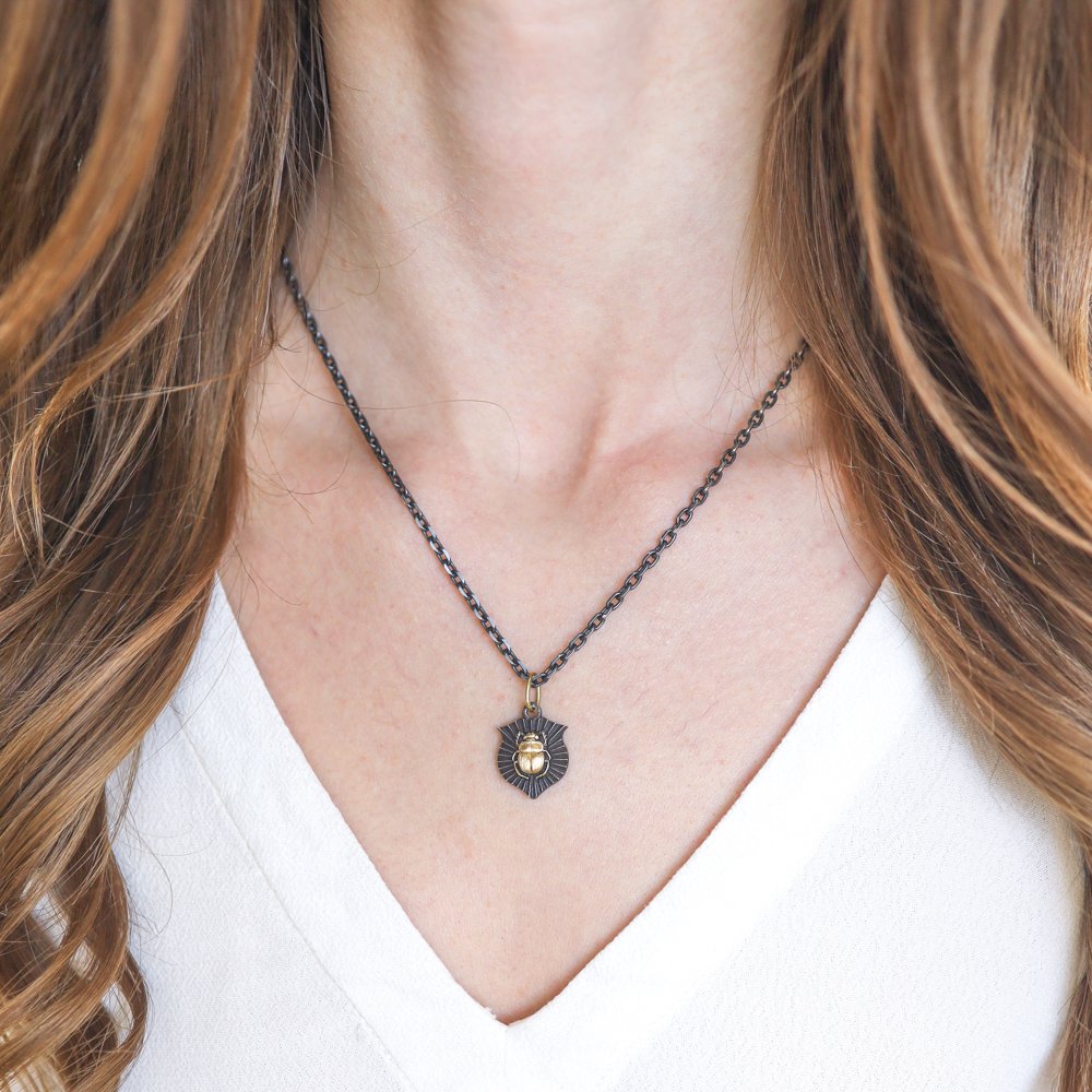 Erica Molinari Trunk Show: Charm, Small Ruche Shield, Scarab and Flower, Sterling silver, 18K gold
