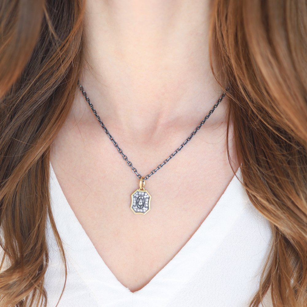 Erica Molinari Trunk Show: Charm, Small Pave White Diamonds Scarab Beetle Shield, "Follow Your Own Star", Sterling silver, 18K gold, Diamonds, .40 TCW, Measures 1 x 9/16 including bail
