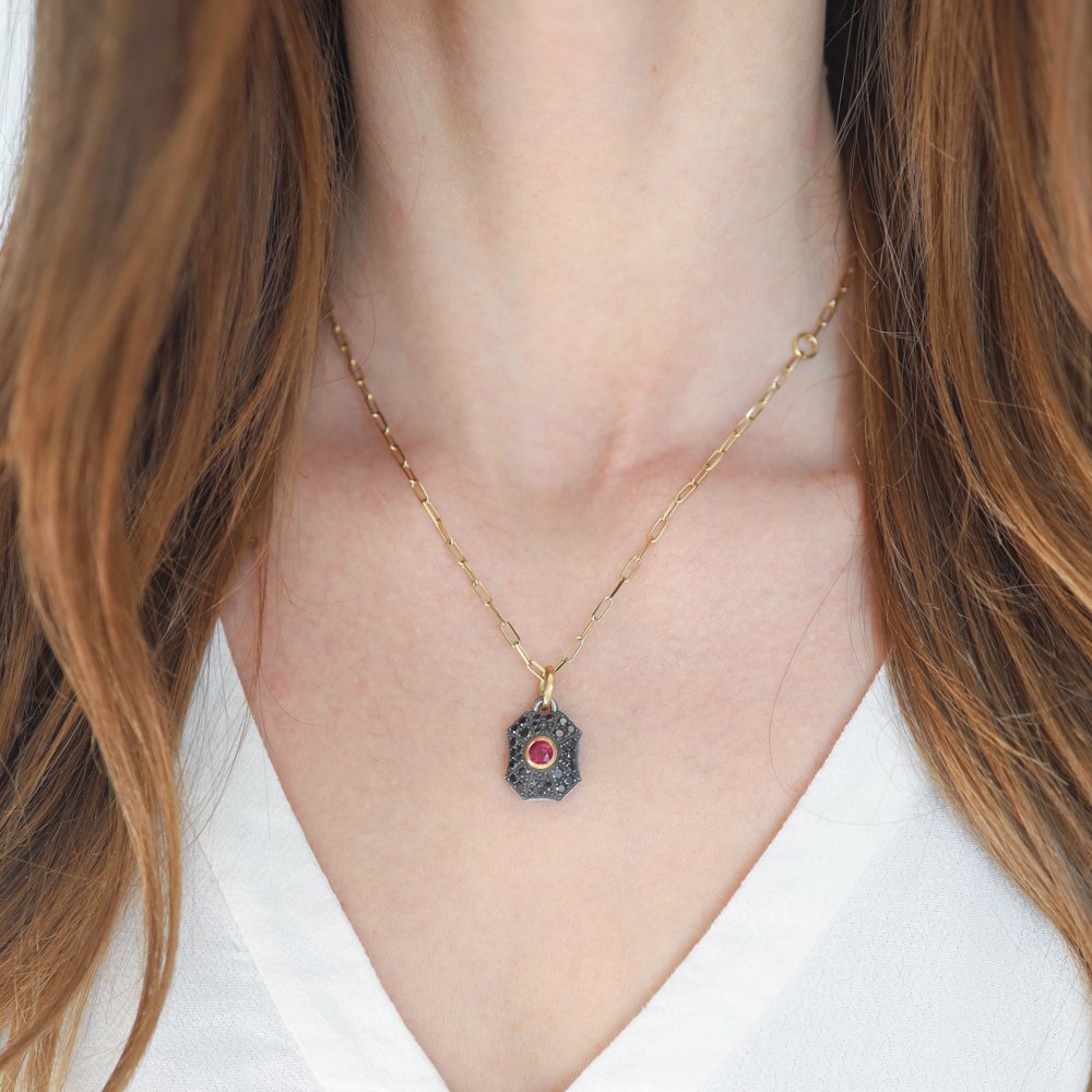 Erica Molinari Trunk Show: Charm, Medium Pillow Tree of Life, Sterling silver, 18K gold, Black diamonds, 1.59 TCW, Ruby
