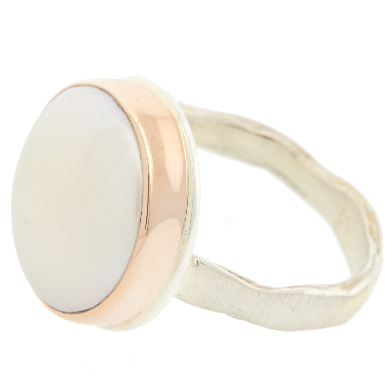 Jamie Joseph: Ring, Small round, 14K rose gold bezel set cultured pearl, Sterling silver eroded live edge band, Stone measures 9/16 in diameter, Currently available in size 7