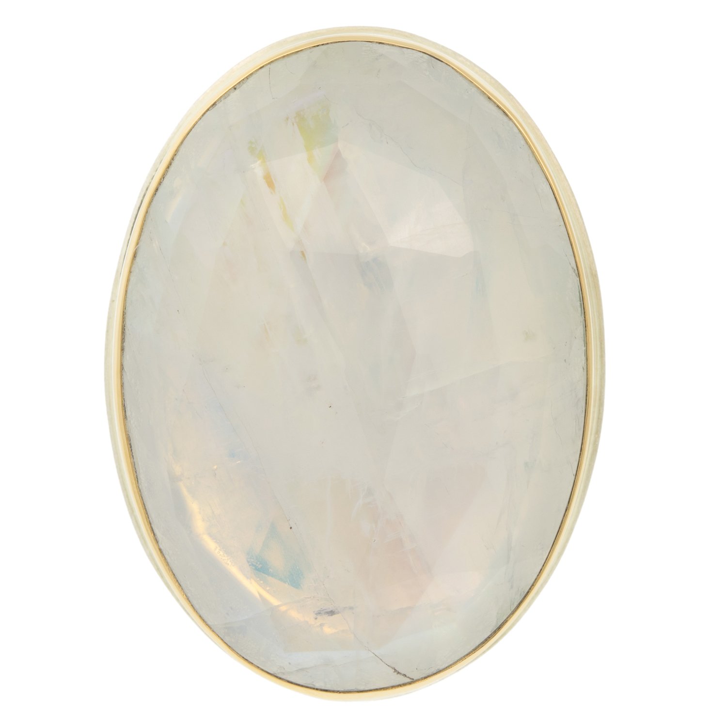 Jamie Joseph: Ring, Large vertical oval rose cut, 14K gold bezel set white rainbow moonstone, Sterling silver groovy band, Stone measures 1 3/16 x 13/16, Currently available in size 7 1/2