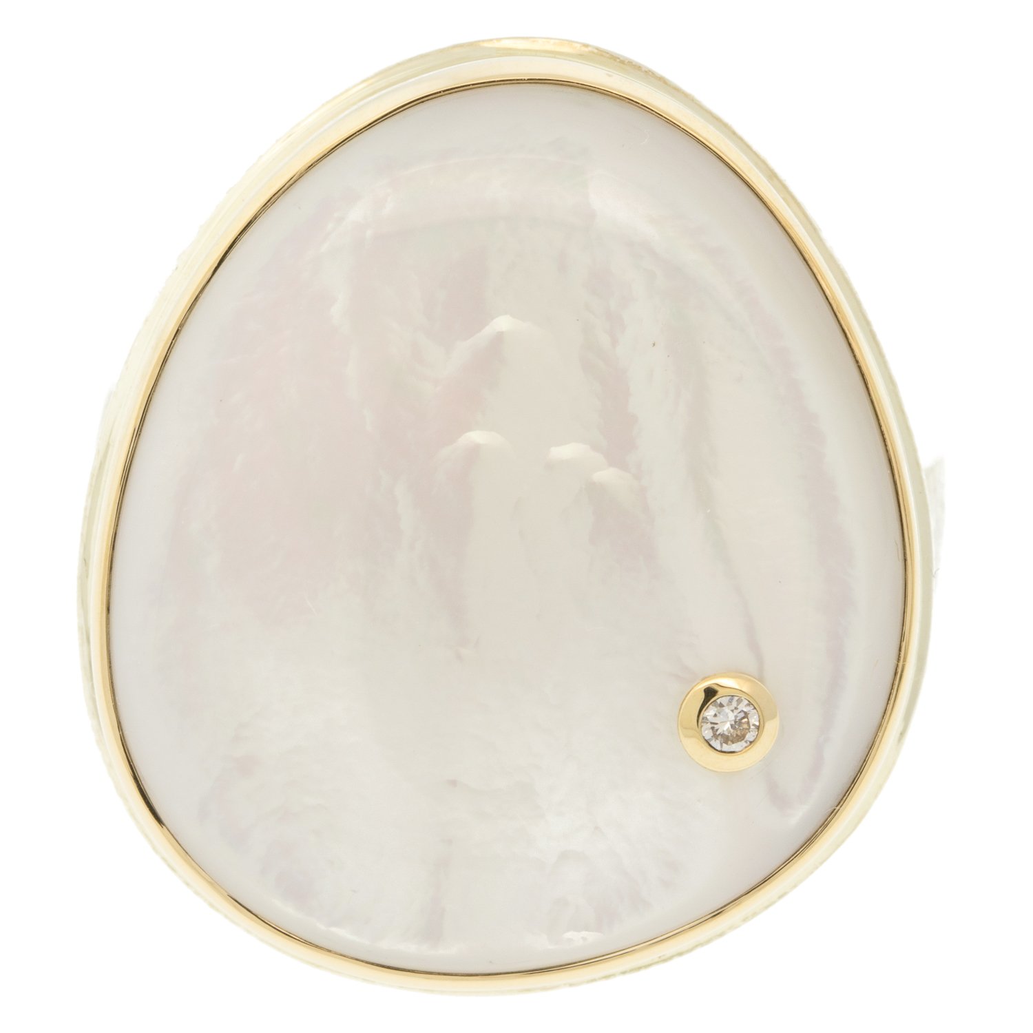 Jamie Joseph: Ring, Vertical asymmetrical smooth, 14K gold bezel set mother of pearl, Sterling silver live edge band, Stone measures 15/16 x 13/16, Currently available in size 7 1/2