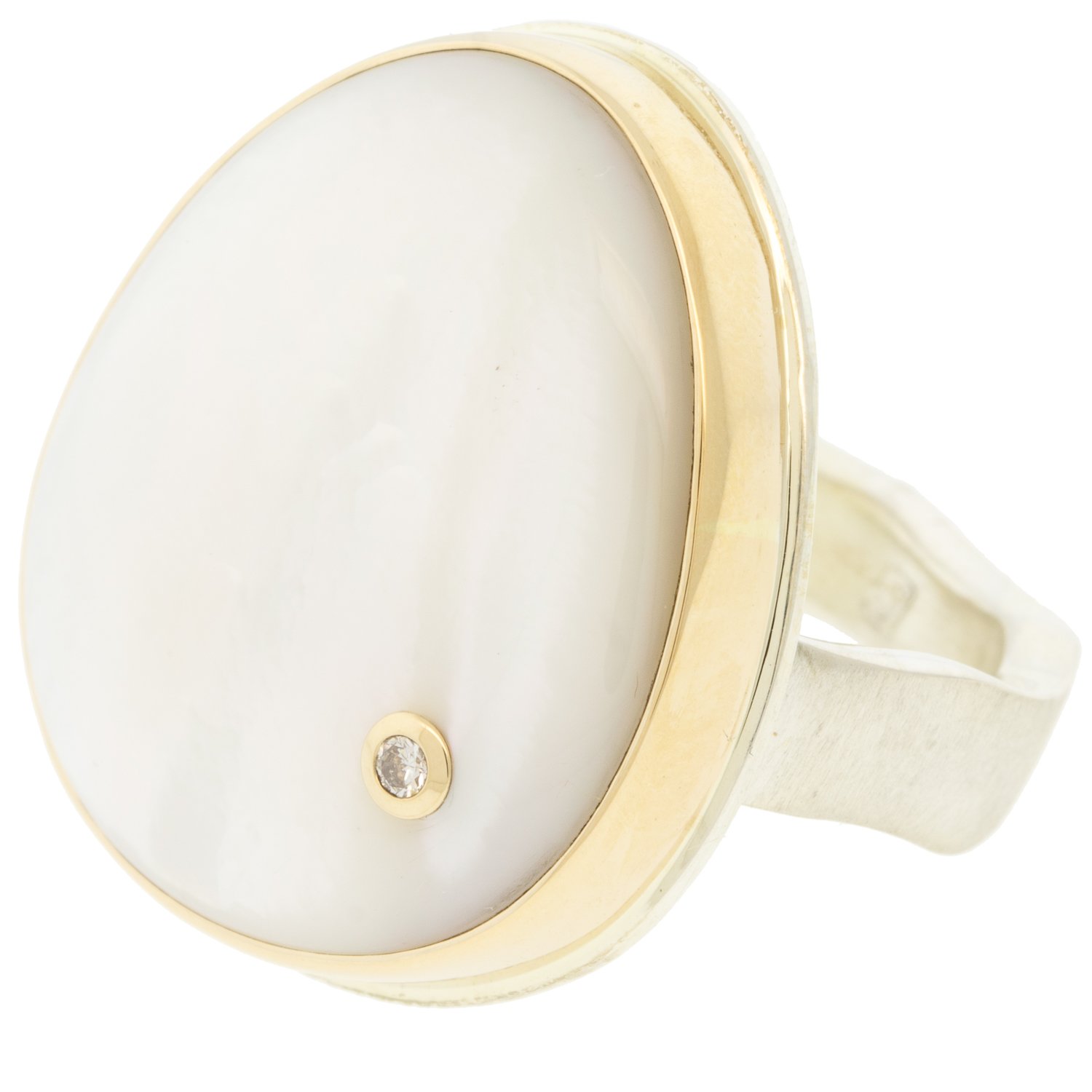 Jamie Joseph: Ring, Vertical asymmetrical smooth, 14K gold bezel set mother of pearl, Sterling silver live edge band, Stone measures 15/16 x 13/16, Currently available in size 7 1/2