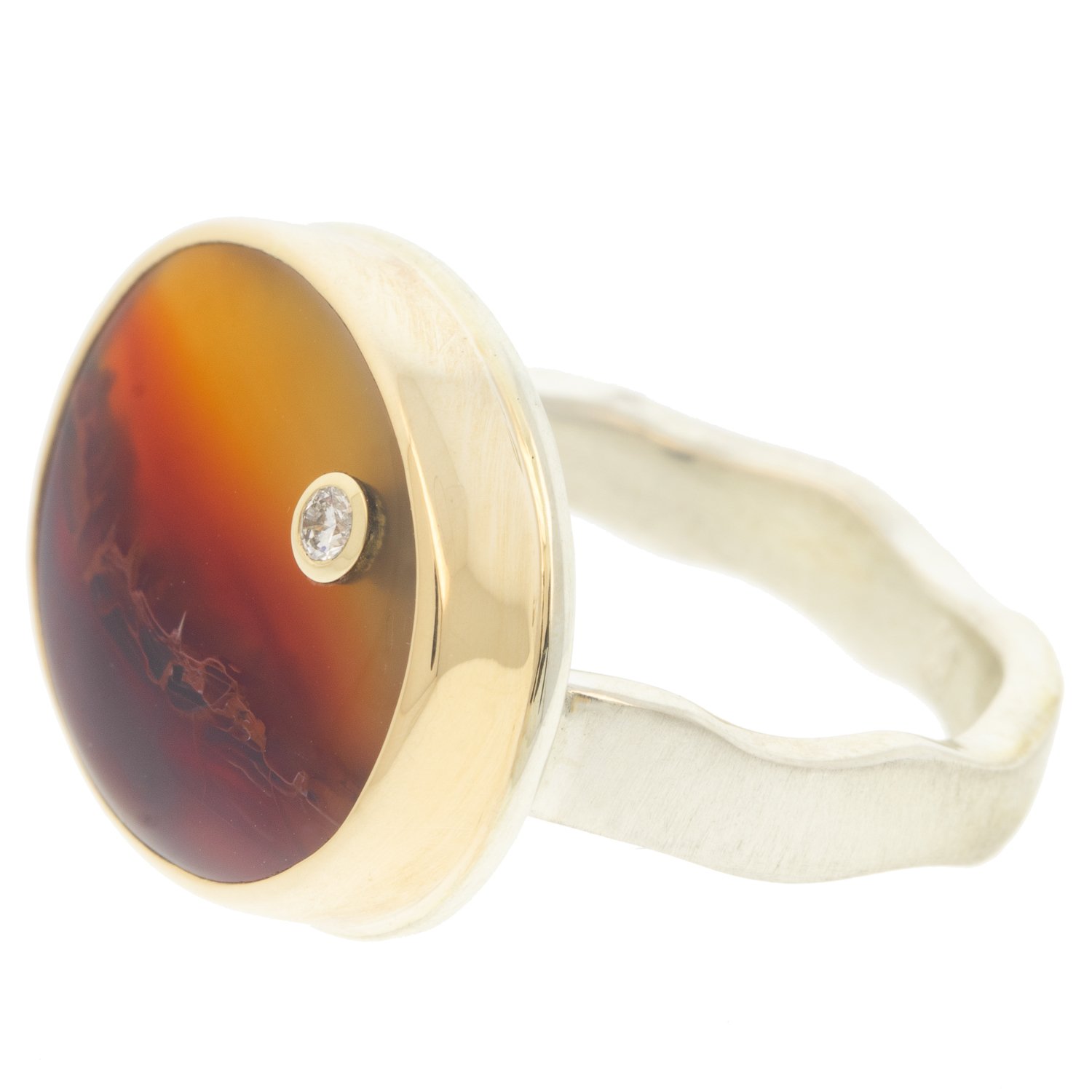 Jamie Joseph: Ring, Oval, 14K gold bezel set landscape agate, Diamond, .03ct, Sterling silver soft live edge band, Stone measures 9/16 x 3/4, Currently available in size 7 3/4