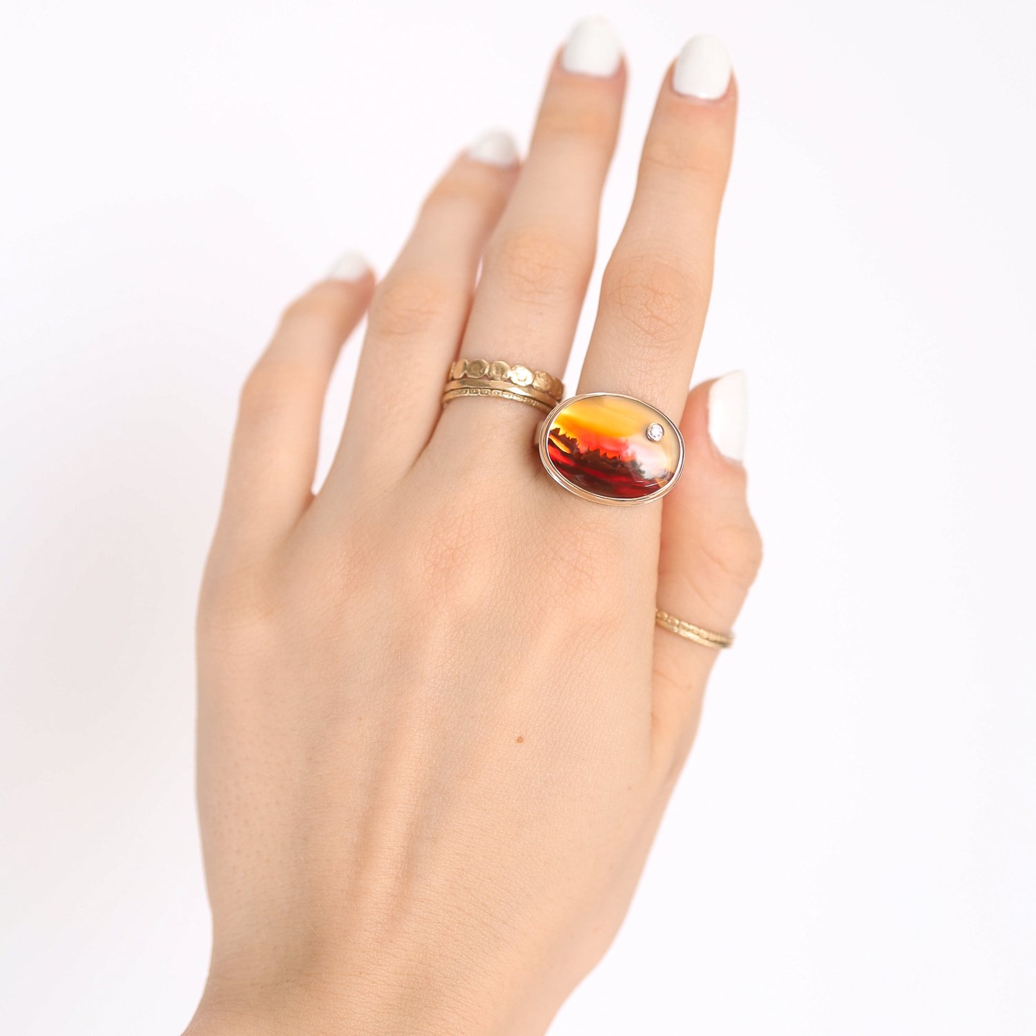Jamie Joseph: Ring, Oval, 14K gold bezel set landscape agate, Diamond, .03ct, Sterling silver soft live edge band, Stone measures 9/16 x 3/4, Currently available in size 7 3/4