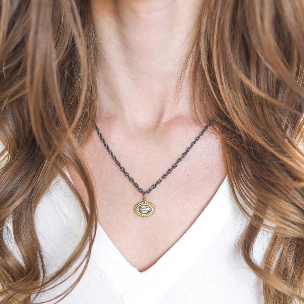 Erica Molinari Trunk Show: Charm, Small Oval Dogbone, "Love", Sterling silver, 18K gold, Measures 3/4 x 5/8 including bail