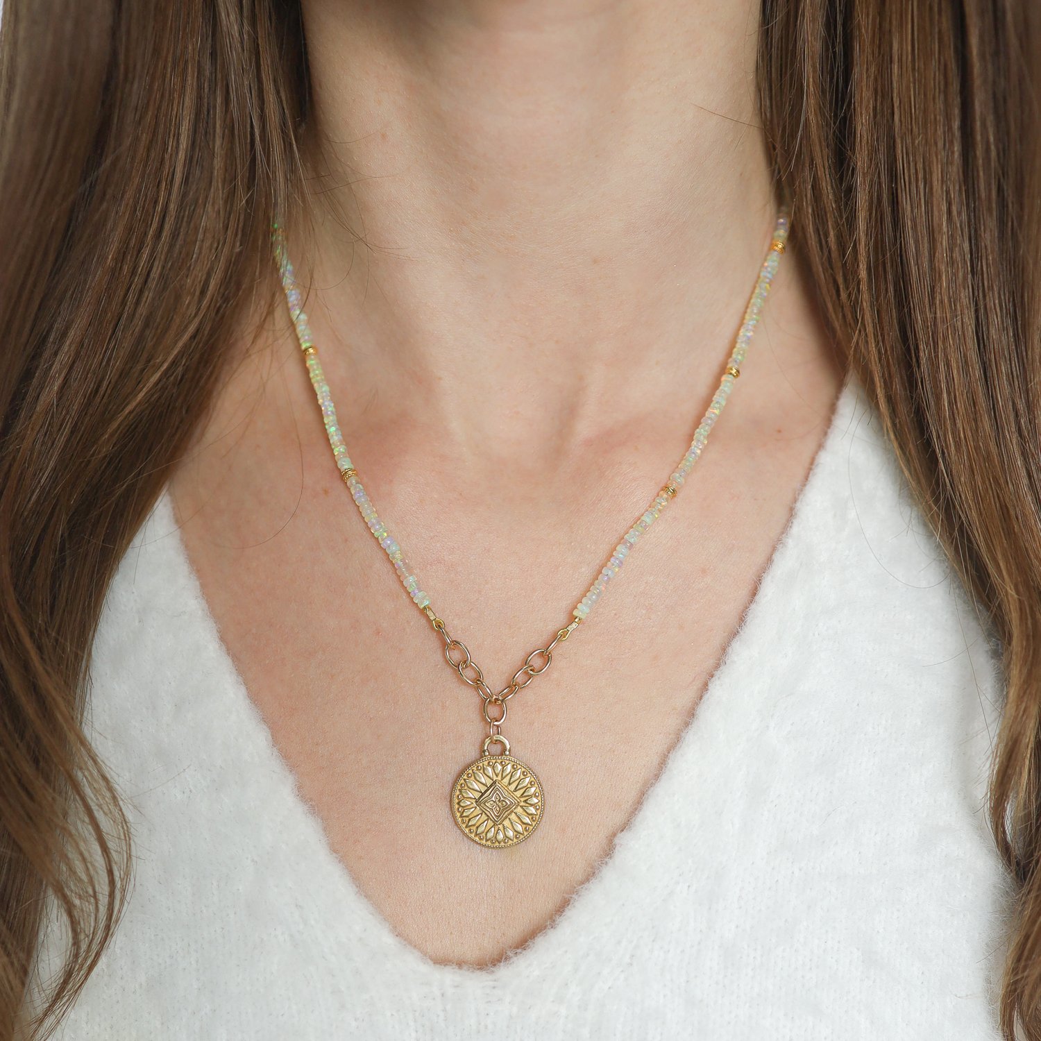 Lulu: Ibiza Necklace 14k gold fill triple oval links 18K gold vermeil accents smooth opal beads 16.5 to 18.5" in length yellow bronze pendant 15/16 x 3/4 inc bail