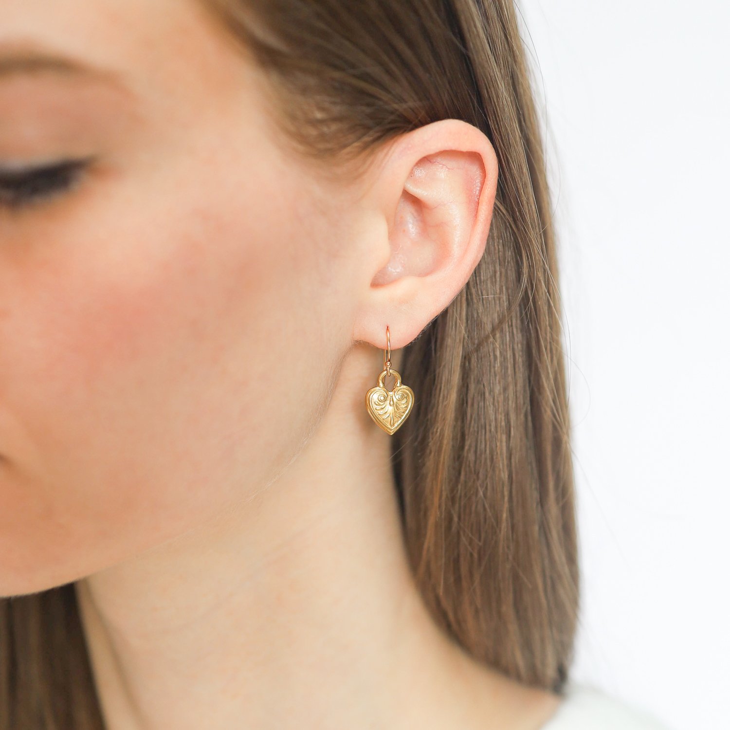 LuLu: Coeur Earrings "shine from within" yellow bronze 1 x 7/16 inc 14k gold fill ear wire