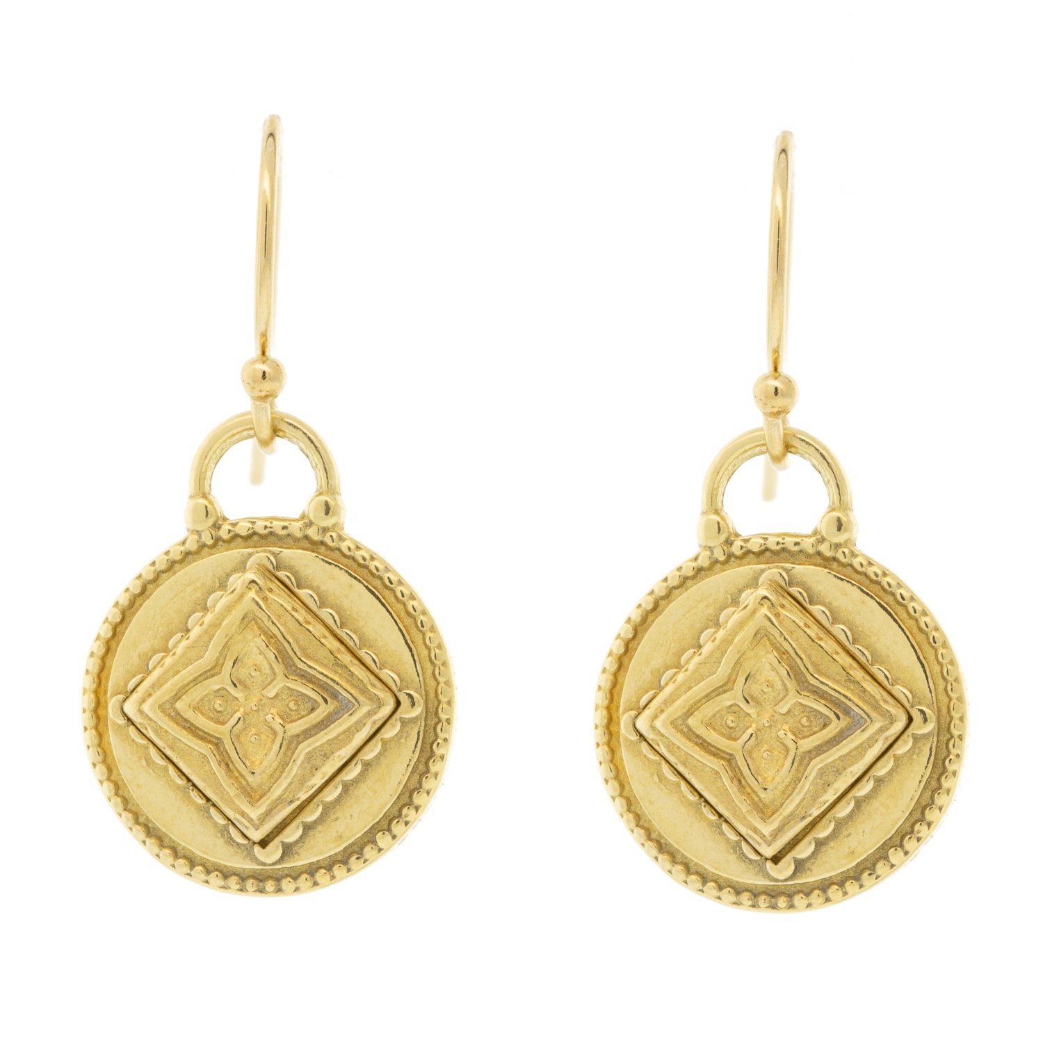 LuLu: Siddha Earrings "raise your frequency" yellow bronze 1 x 1/2 inc 14k gold ear wire