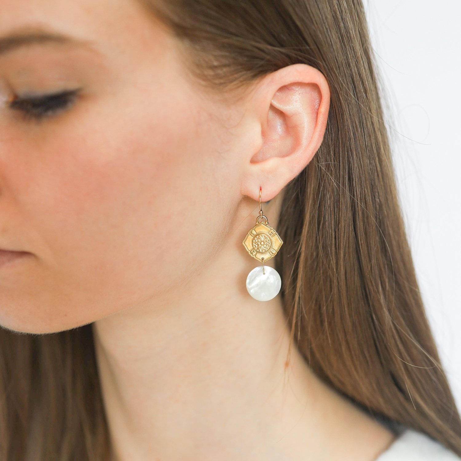 LuLu: Theia Earrings yellow bronze and Mother of Pearl 1 3/4 x 11/16 inc 14k gold ear wire