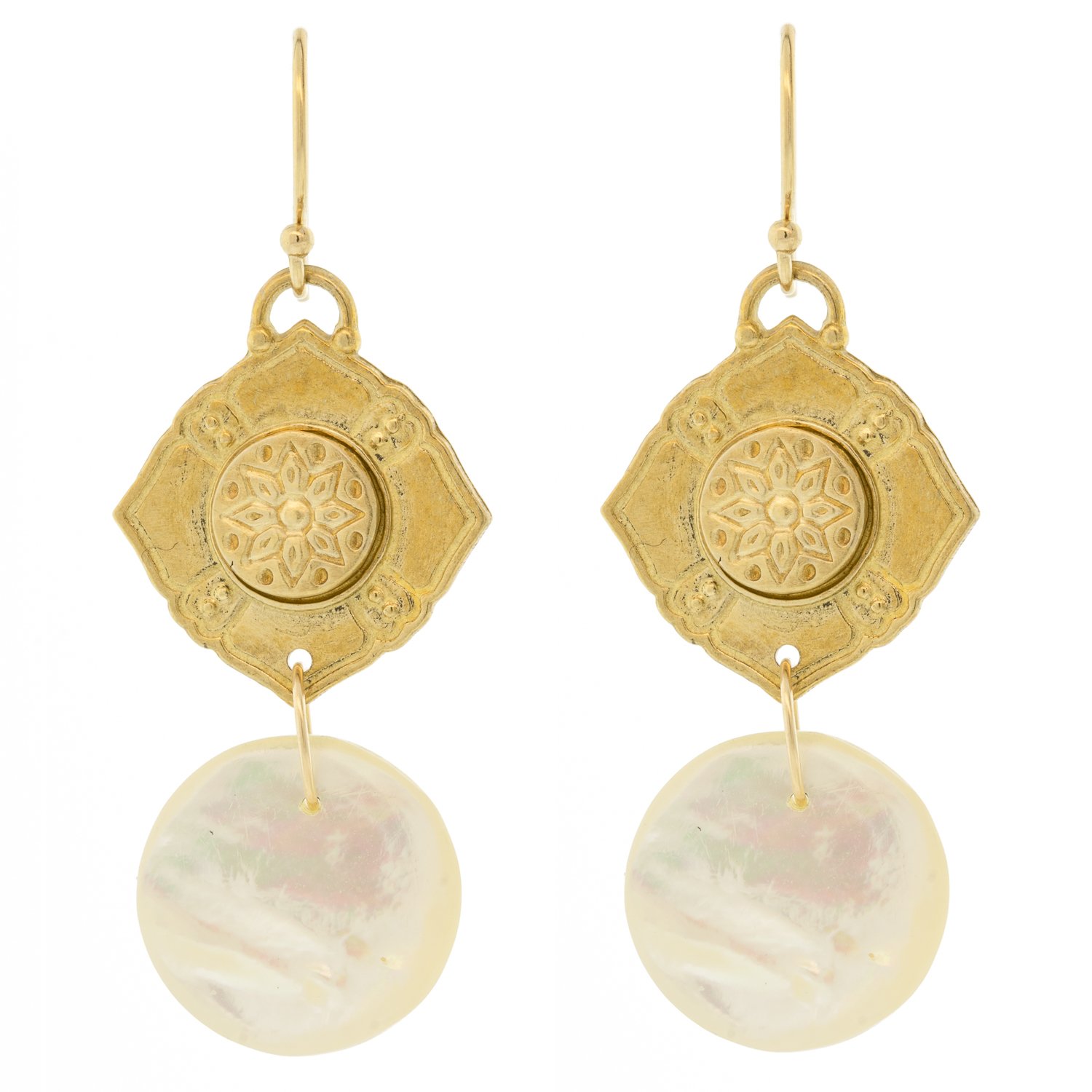 LuLu: Theia Earrings yellow bronze and Mother of Pearl 1 3/4 x 11/16 inc 14k gold ear wire