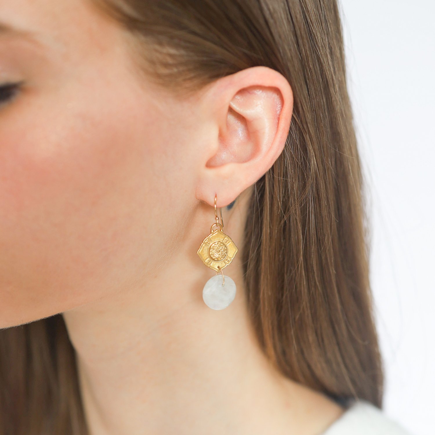 LuLu: Theia Earrings yellow bronze and Moonstone 1 3/4 x 5/8 inc 14k gold ear wire