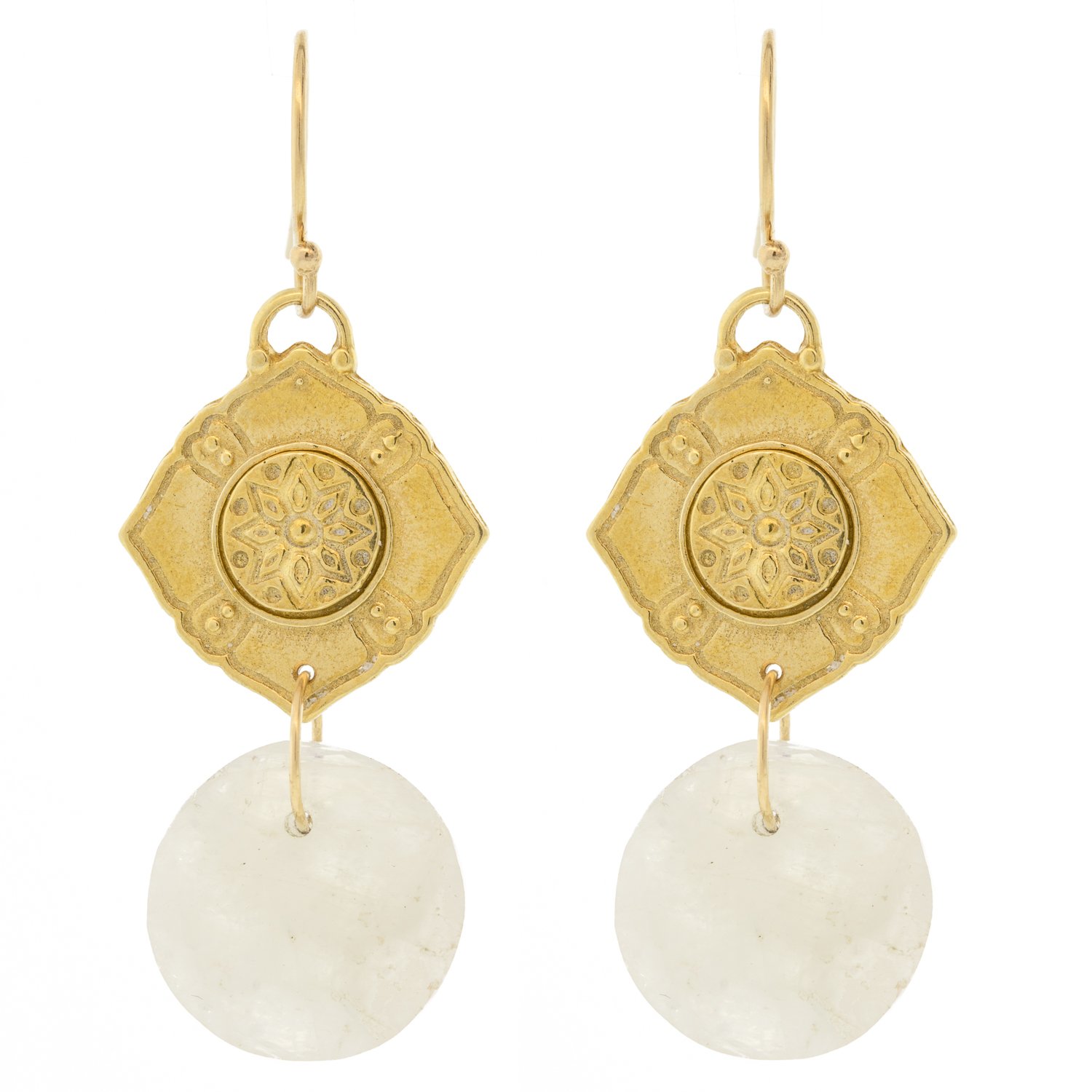 LuLu: Theia Earrings yellow bronze and Moonstone 1 3/4 x 5/8 inc 14k gold ear wire