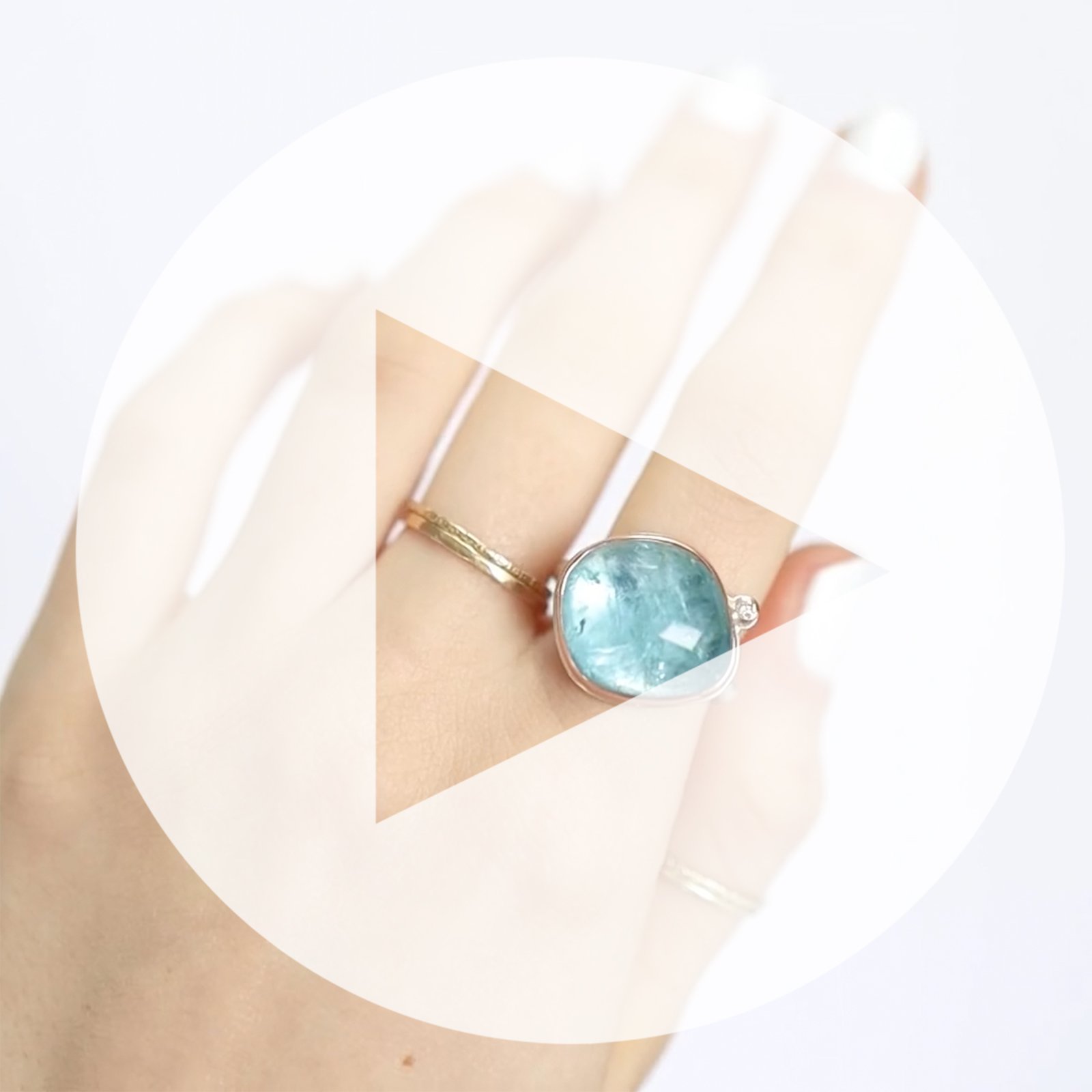 Jamie Joseph: Ring, Asymmetrical rose cut, 14K rose gold bezel set aquamarine, Satellite diamond, .03ct, Sterling silver Egyptian band, Stone measures 5/8 x 11/16, Currently available in size 7