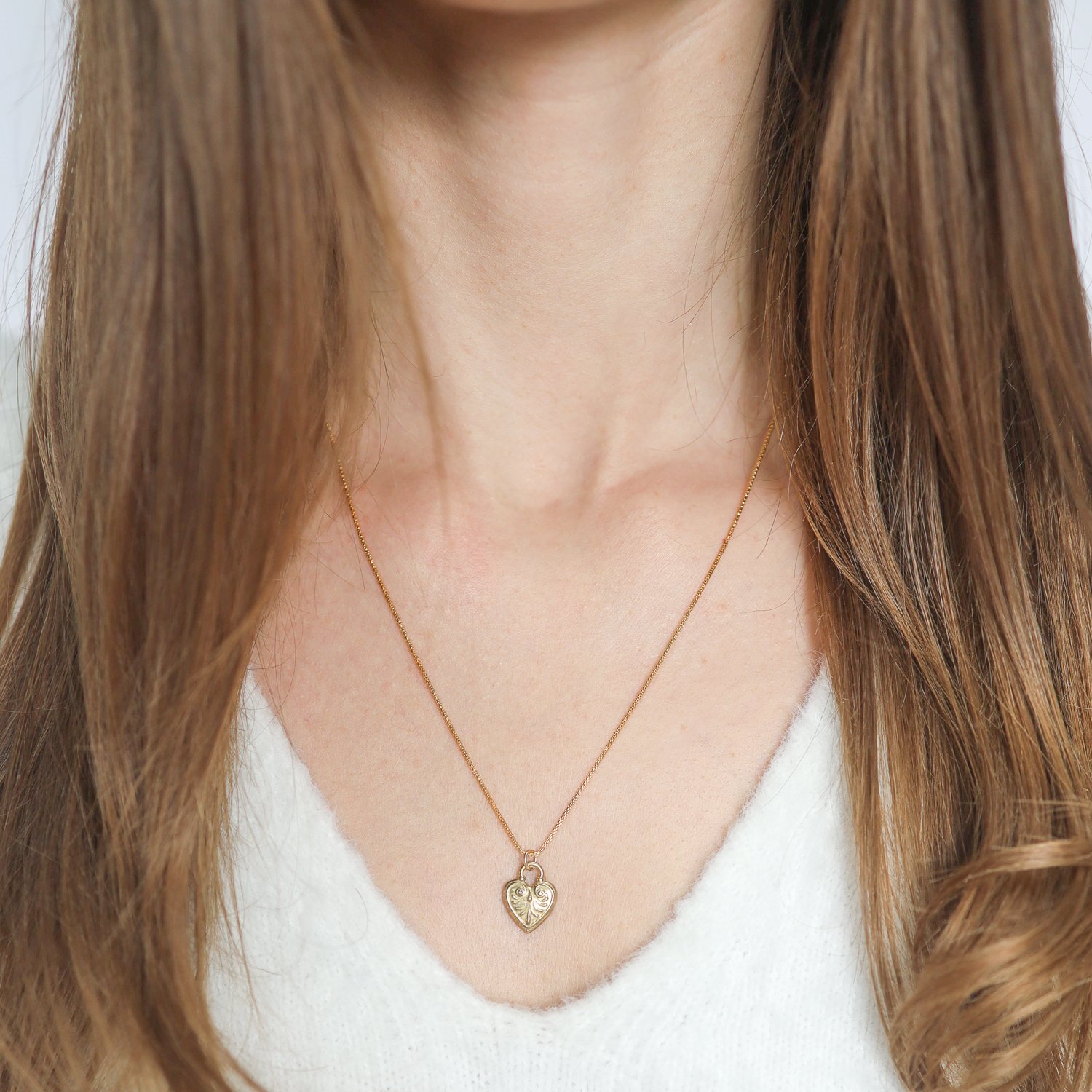 LuLu: Coeur Necklace "shine from within" 14k gold fill rolled box chain 18-20" yellow bronze pendant 5/8 x 7/16 inc bail
