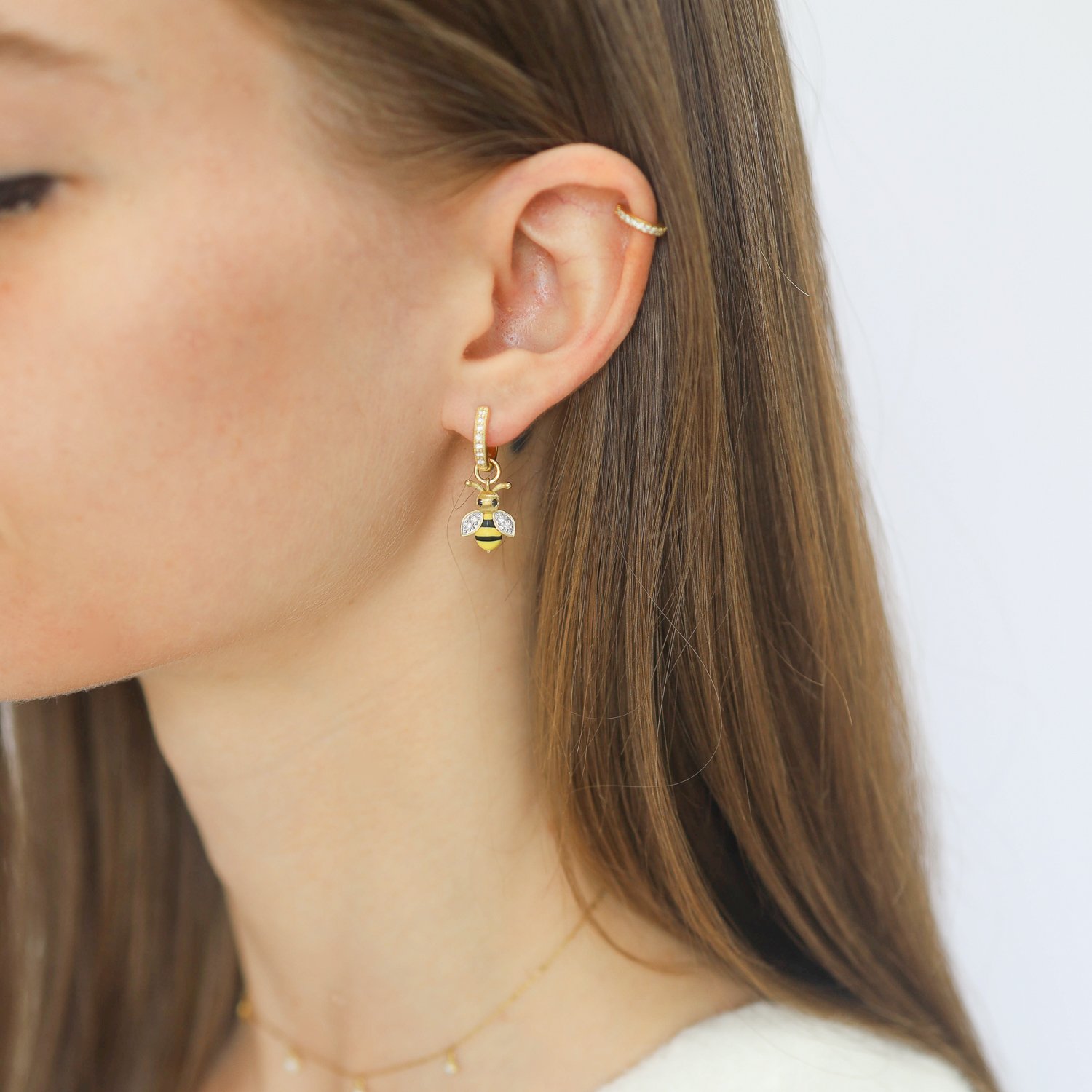 Jude Frances: Petite Bumble Bee Earring Charm, Yellow and black ceramic, 18K yellow gold, Measure 11/16 x 3/8 including bail
