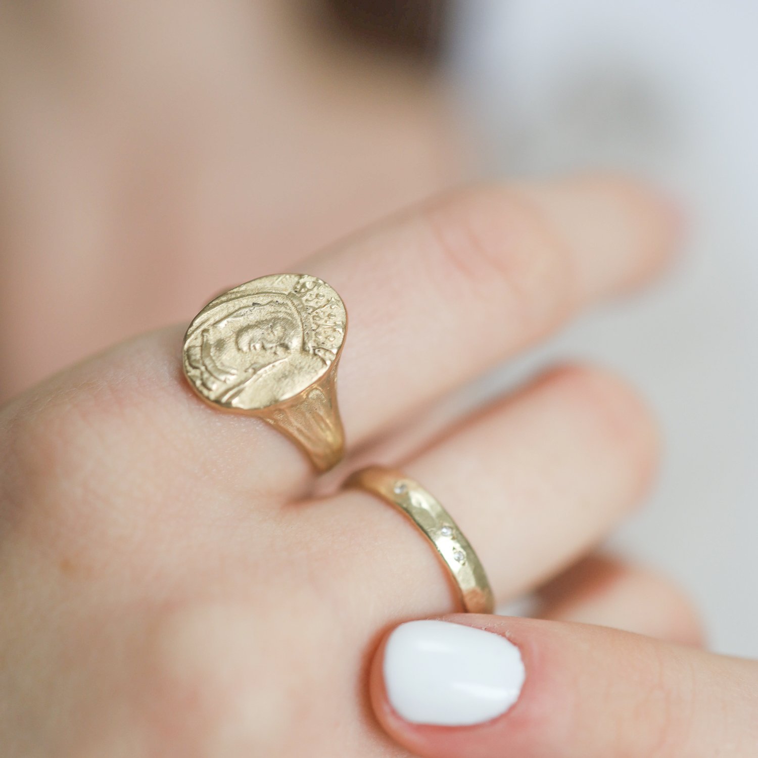 Robin Haley: Ring, Mary Signet, 14K gold, Ring face measures 9/16 x 7/16, Currently available in size 7