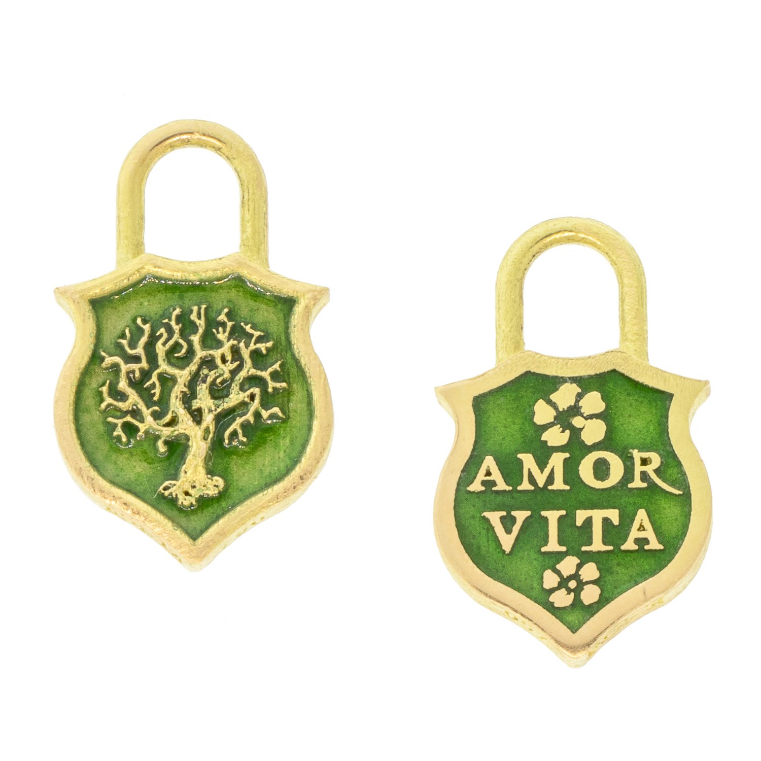 Erica Molinari: Charm, Pillow, Tree of Life, Small size, "Love Life", Green enamel, 18K gold