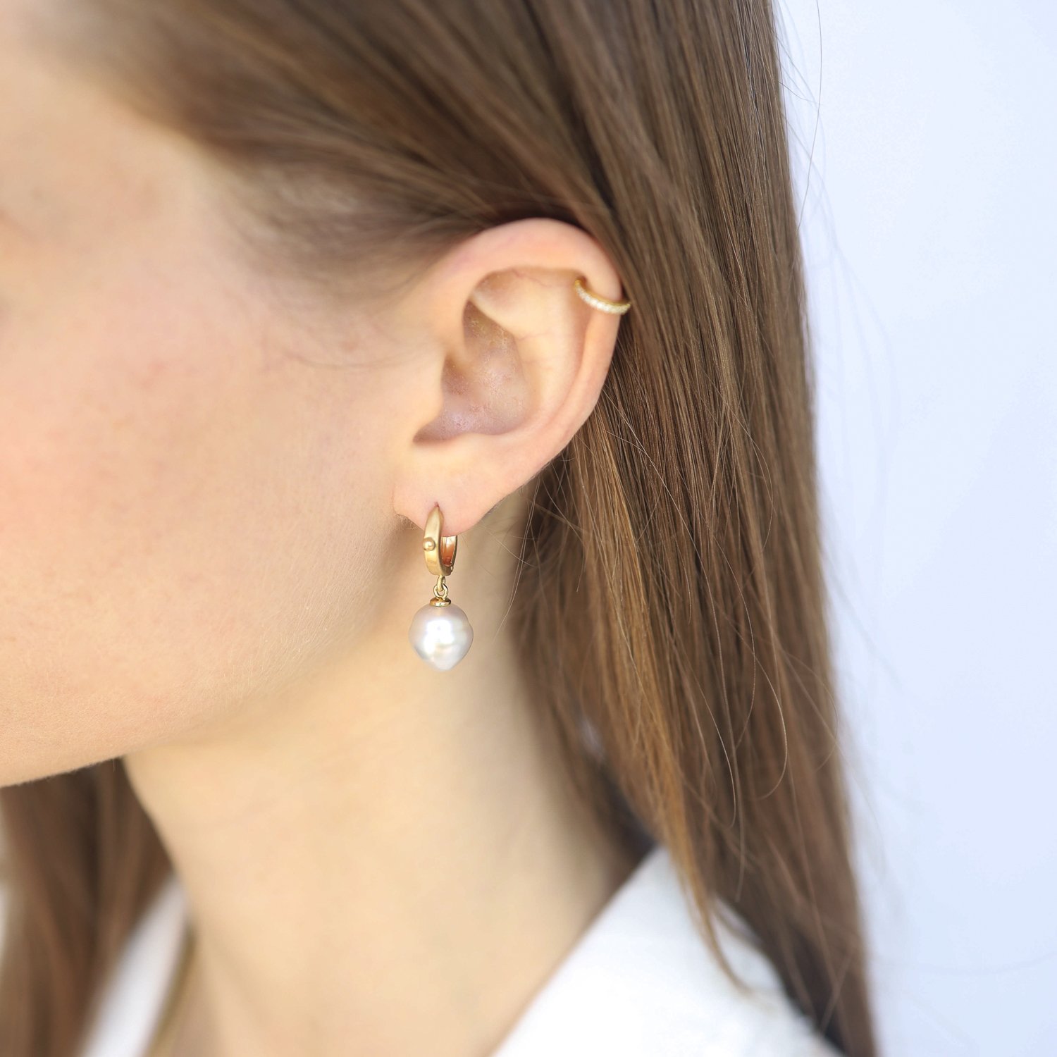 Alison Shiboski: Earrings, Hoops, White south sea pearl drops, 18K gold.