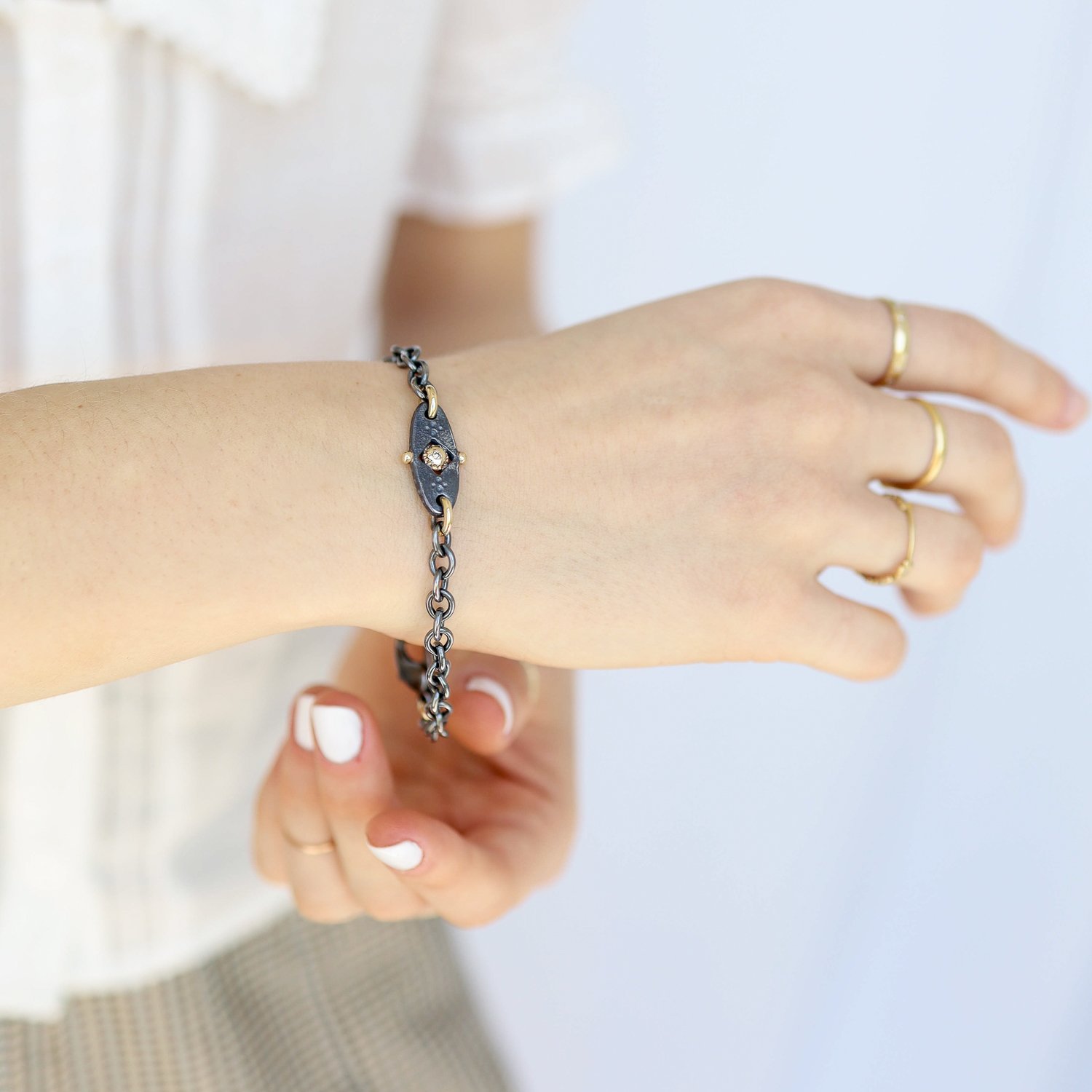 Alison Shiboski: Bracelet, Tag, 2 diamonds, .03 TCW, Sterling silver, 14K gold.