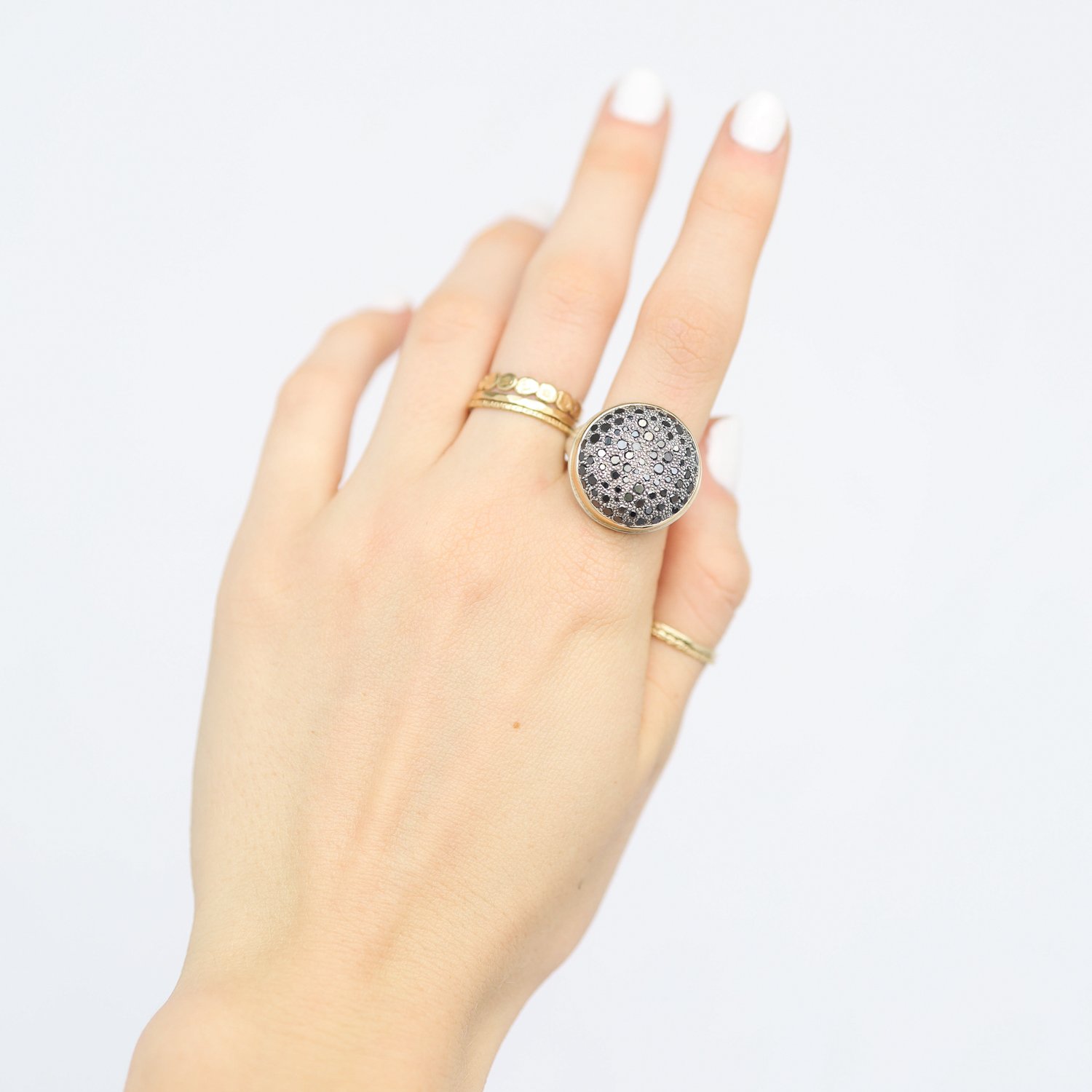 Jamie Joseph: Ring, 14K yellow gold bezel set black diamond pavé cluster 1.5 TCW, Sterling silver band, Measures 3/4 in diameter, Currently available in size 7 1/4