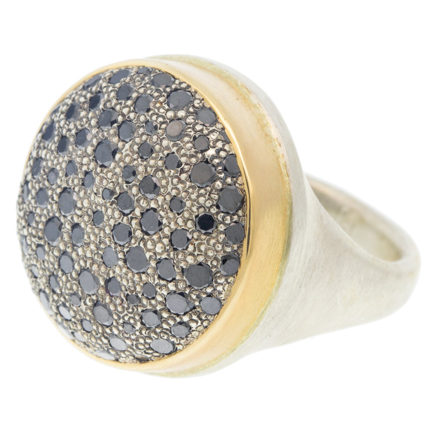 Jamie Joseph: Ring, 14K yellow gold bezel set black diamond pavé cluster 1.5 TCW, Sterling silver band, Measures 3/4 in diameter, Currently available in size 7 1/4