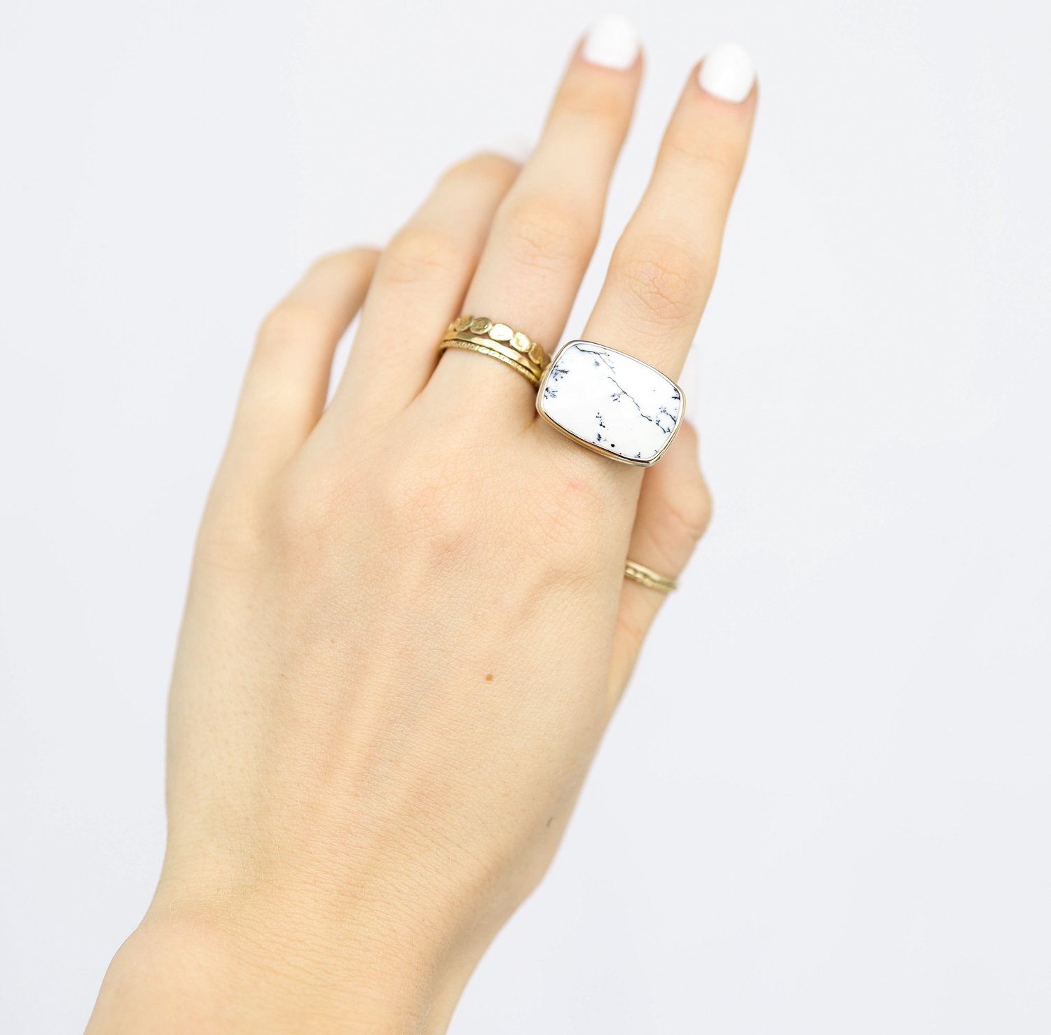 Jamie Joseph: Ring, Rectangular checkerboard, 14K gold bezel set dendritic opal, Sterling silver groovy band, Stone measures 9/16 x 3/4, Currently available in size 7 1/4