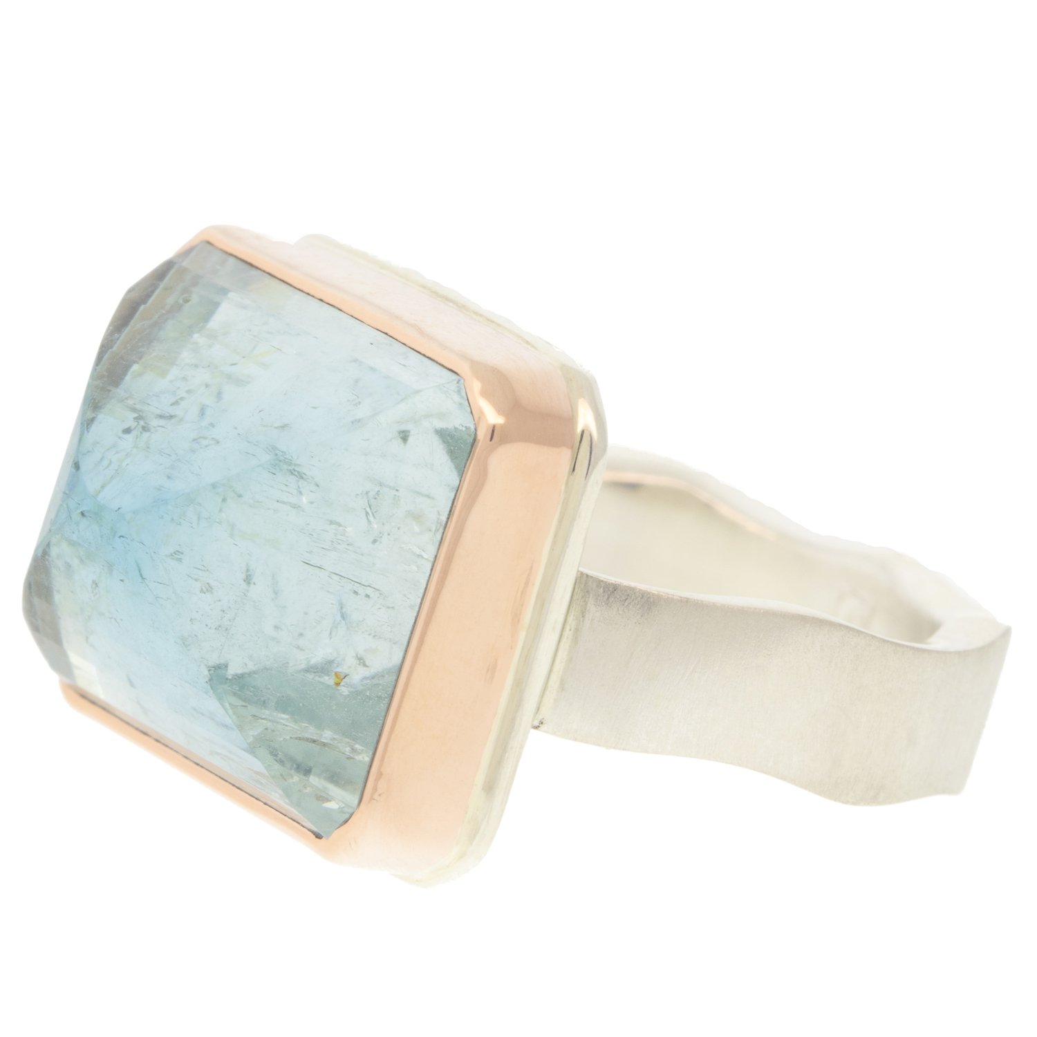 Jamie Joseph: Ring, Rectangular inverted, 14K rose gold bezel set aquamarine, Sterling silver live edge band, Stone measures 1/2 x 9/16, Currently available in size 7 1/2