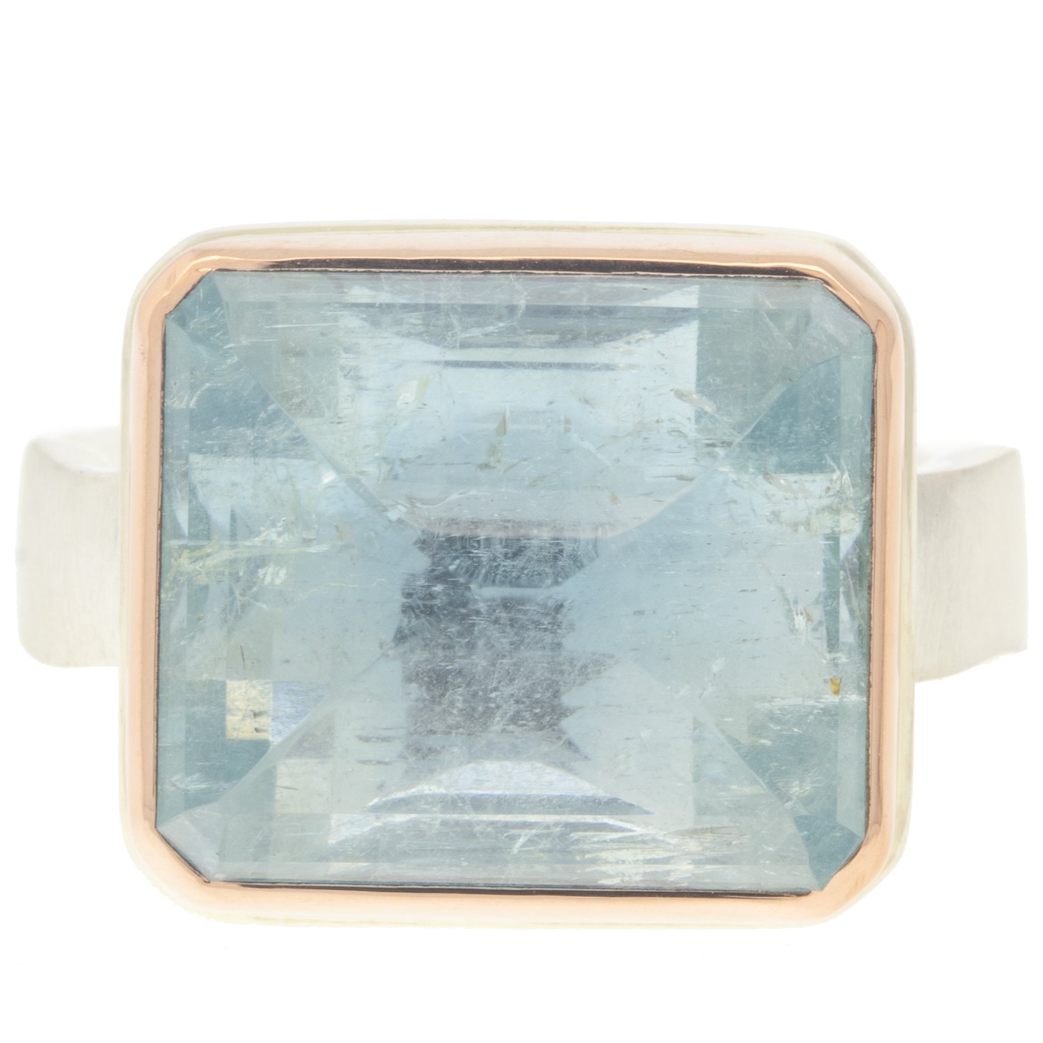 Jamie Joseph: Ring, Rectangular inverted, 14K rose gold bezel set aquamarine, Sterling silver live edge band, Stone measures 1/2 x 9/16, Currently available in size 7 1/2