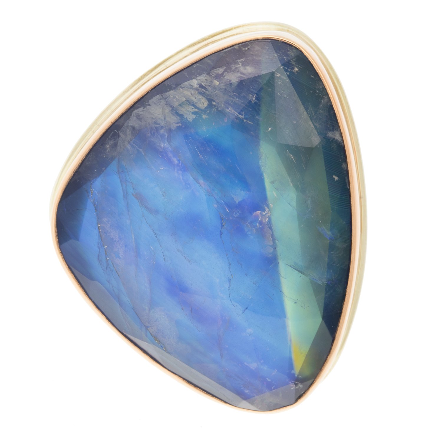 Jamie Joseph: Ring, Large vertical asymmetrical rose cut, 14K rose gold bezel set blue rainbow moonstone, Sterling silver Y band, Stone measures 1 1/16 x 13/16, Currently available in size 7 1/2