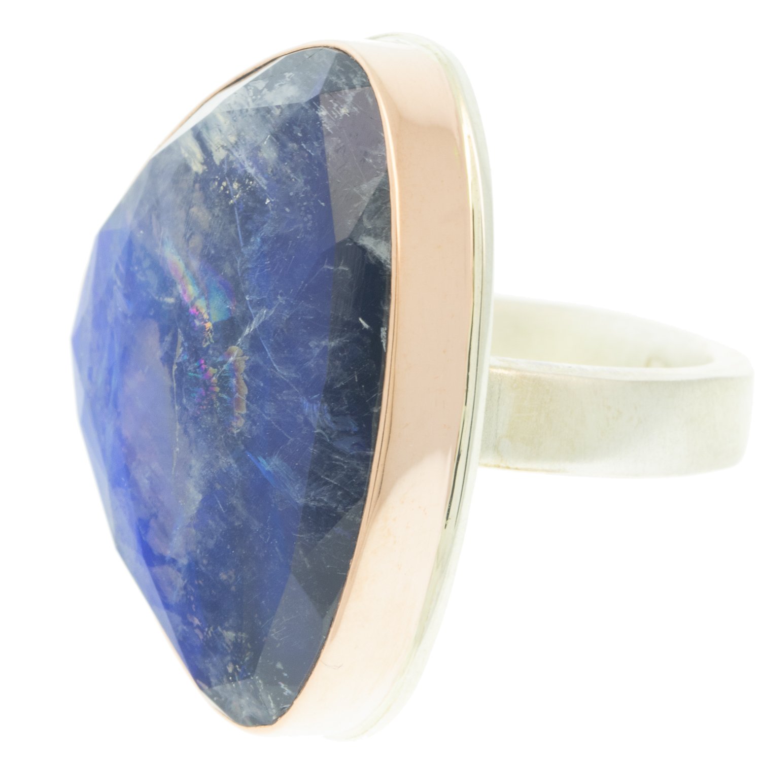 Jamie Joseph: Ring, Large vertical asymmetrical rose cut, 14K rose gold bezel set blue rainbow moonstone, Sterling silver Y band, Stone measures 1 1/16 x 13/16, Currently available in size 7 1/2