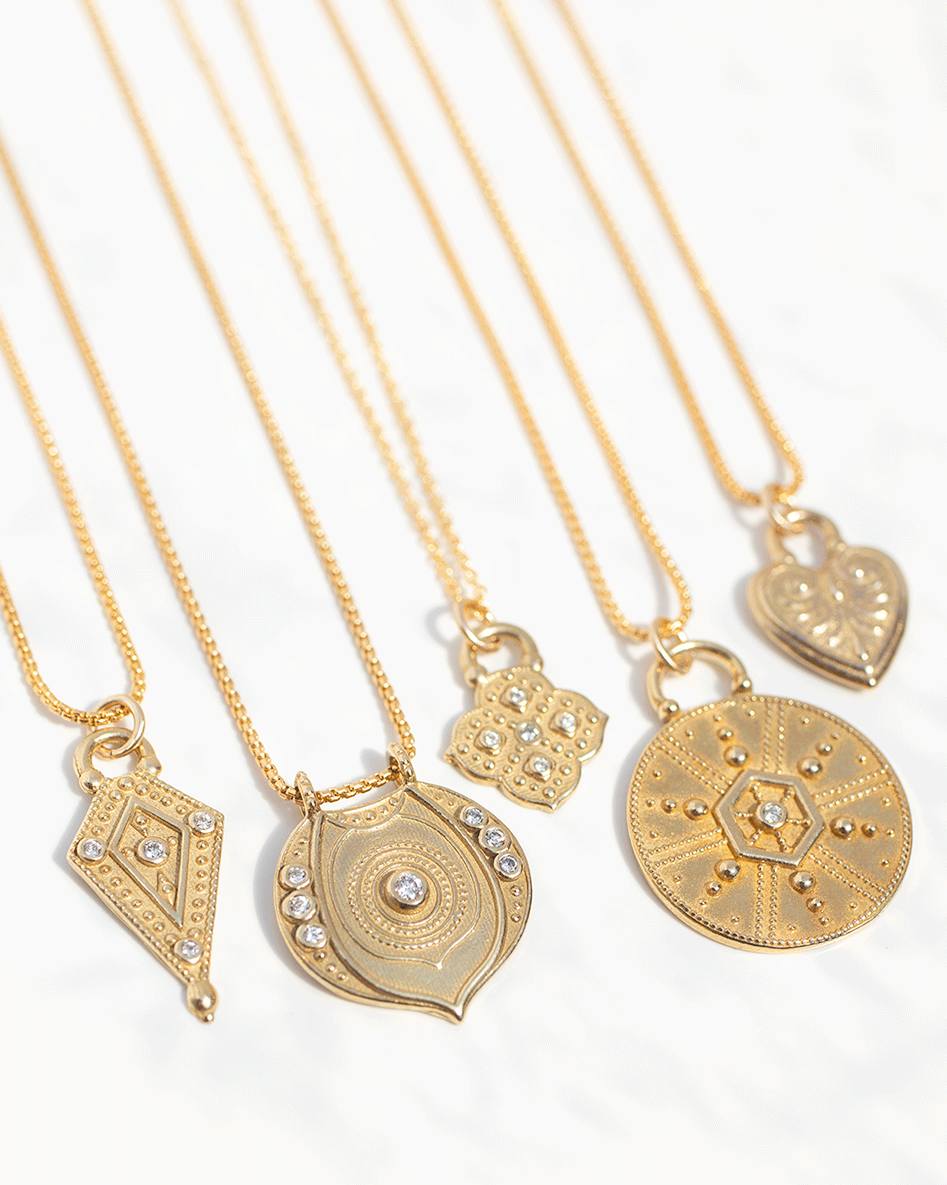 Necklaces and earrings in 14k gold-fill by jewelry designer Lulu Designs