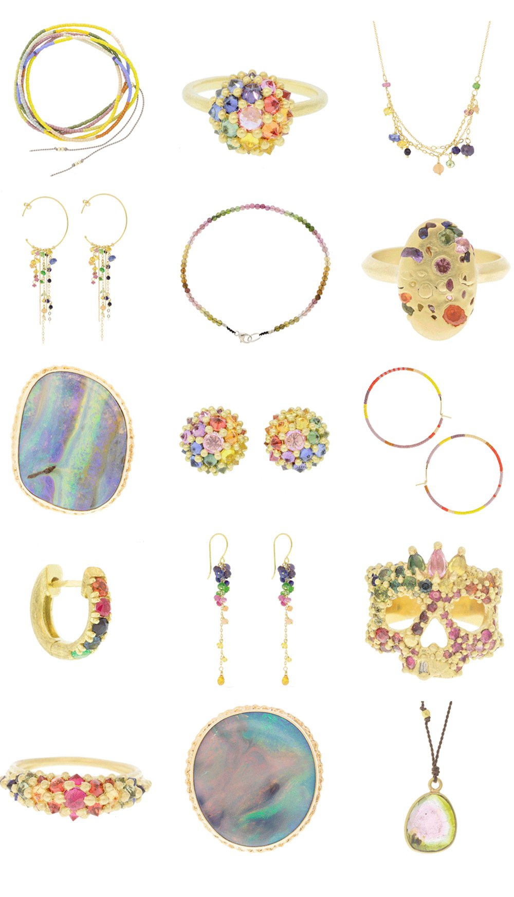 Artisan rainbow necklaces, earrings, rings, and bracelets by jewelry designers like Jamie Joseph, Polly Wales, Margaret Solow, Abacus Row, and Sweet Pea