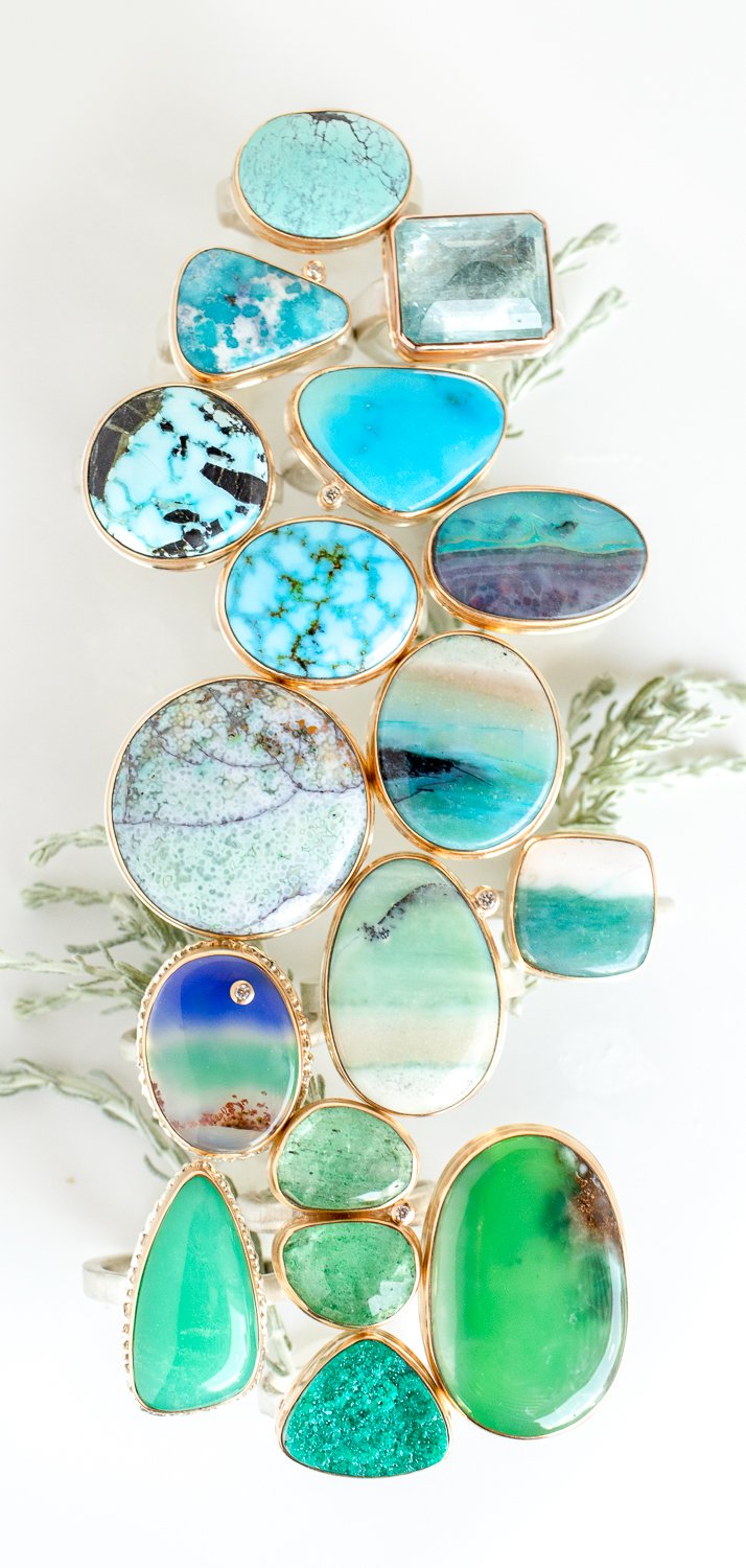 Semi-precious stone rings in 14k gold and sterling silver by jewelry designer Jamie Joseph