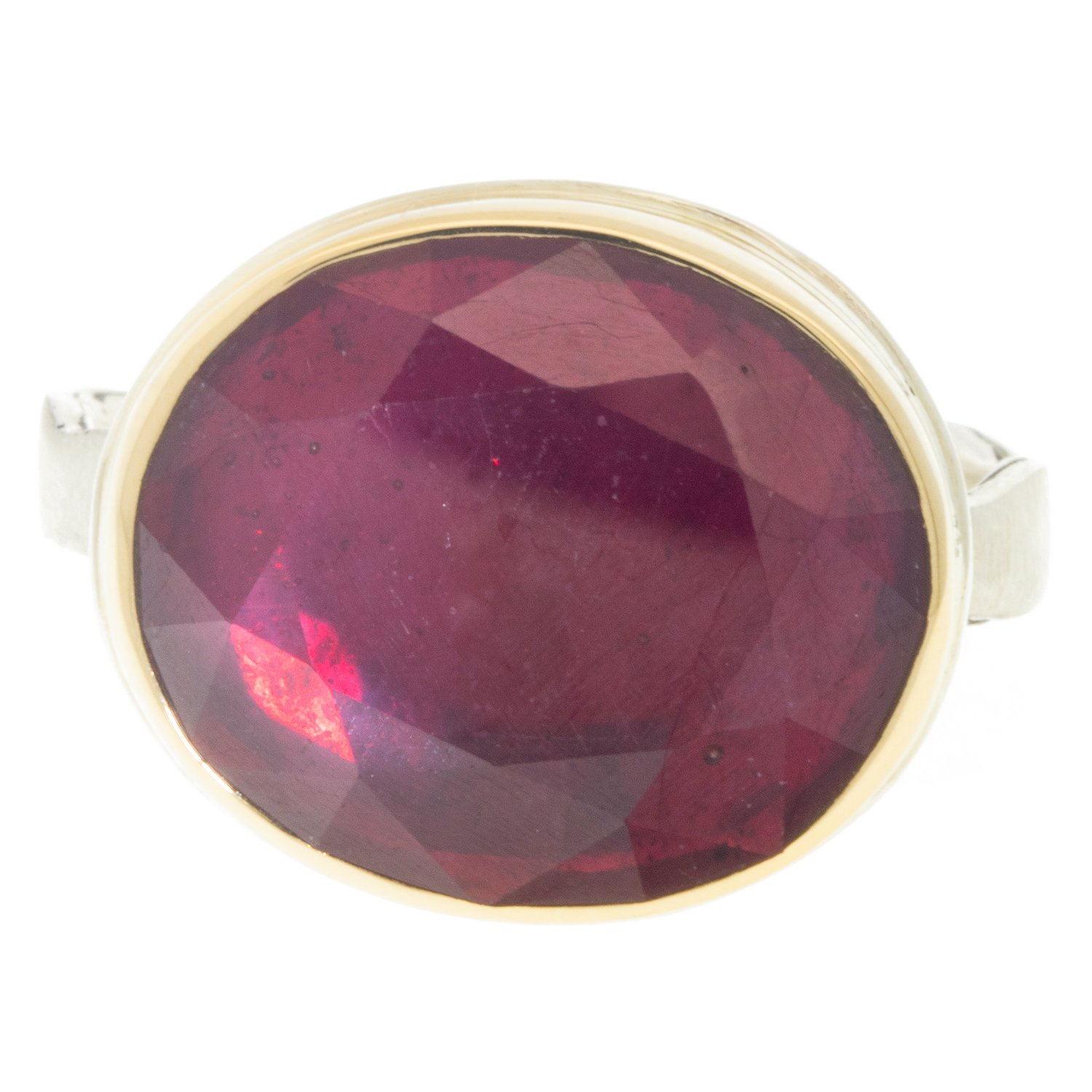 Jamie Joseph: Ring, Oval table up, 14K gold bezel set African ruby, Sterling silver eroded live edge band, Stone measures 9/16 x 5/8, Currently available in size 7 1/2