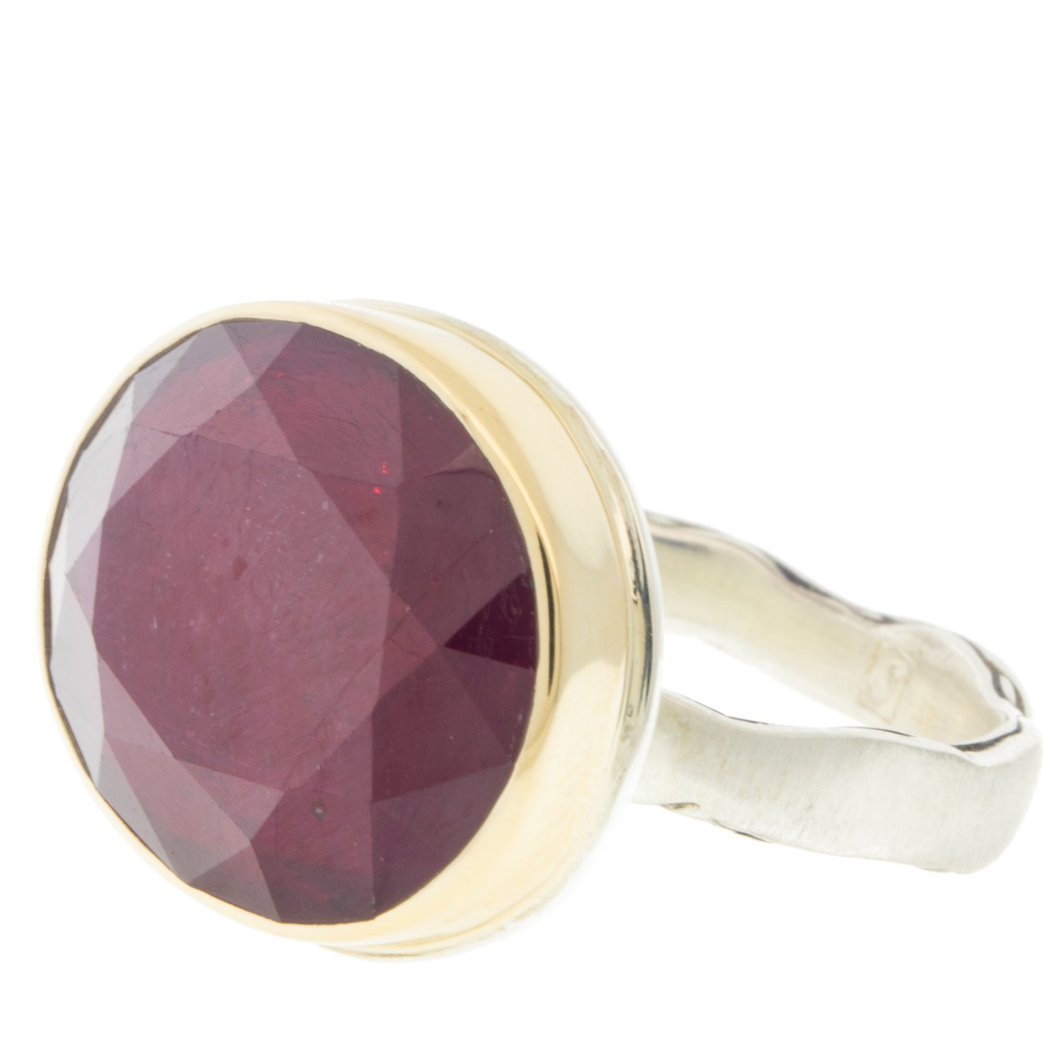 Jamie Joseph: Ring, Oval table up, 14K gold bezel set African ruby, Sterling silver eroded live edge band, Stone measures 9/16 x 5/8, Currently available in size 7 1/2
