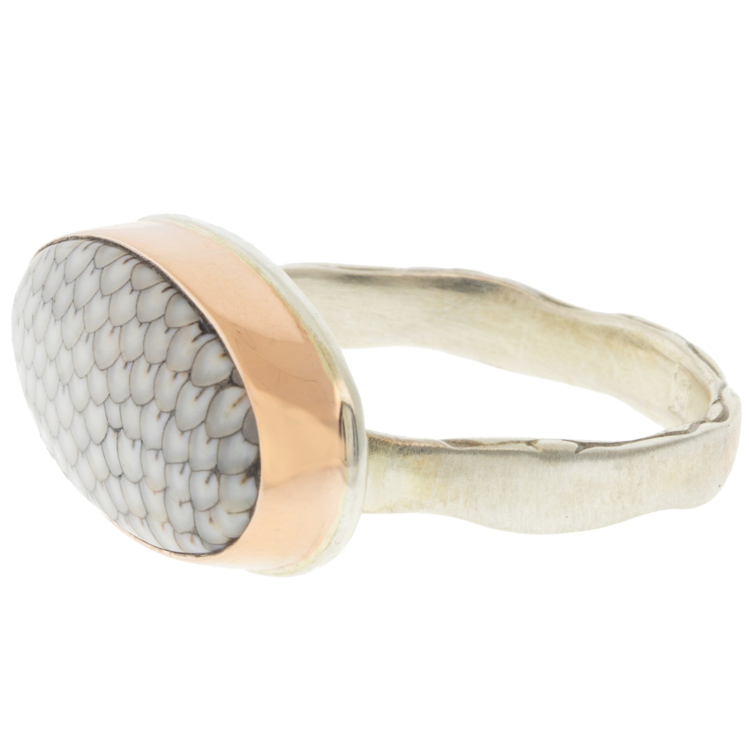Jamie Joseph: Ring, Oval, 14K rose gold bezel set snakeskin agate, Sterling silver eroded live edge band, Stone measures 3/8 x 3/4, Currently available in size 8