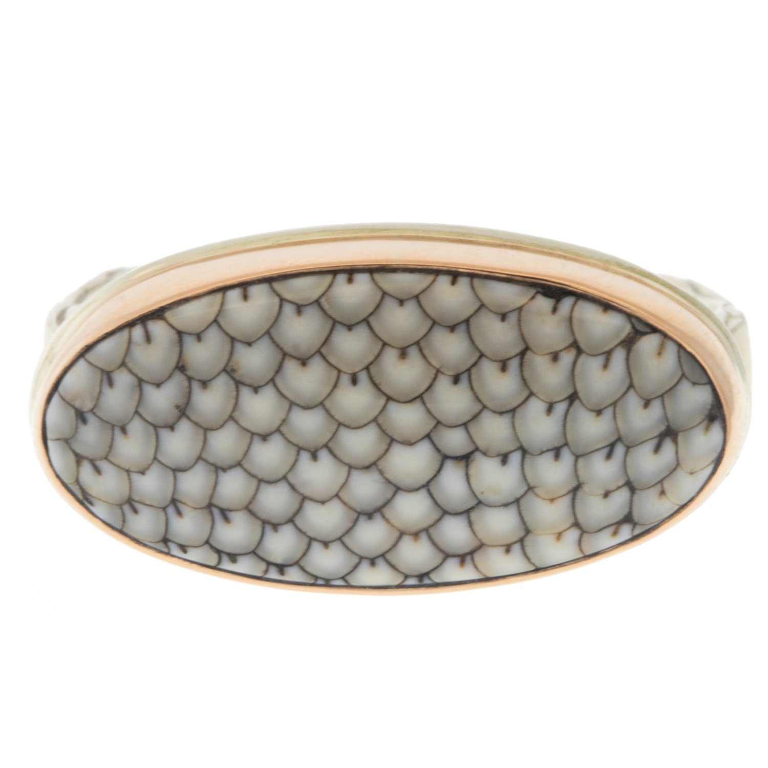 Jamie Joseph: Ring, Oval, 14K rose gold bezel set snakeskin agate, Sterling silver eroded live edge band, Stone measures 3/8 x 3/4, Currently available in size 8