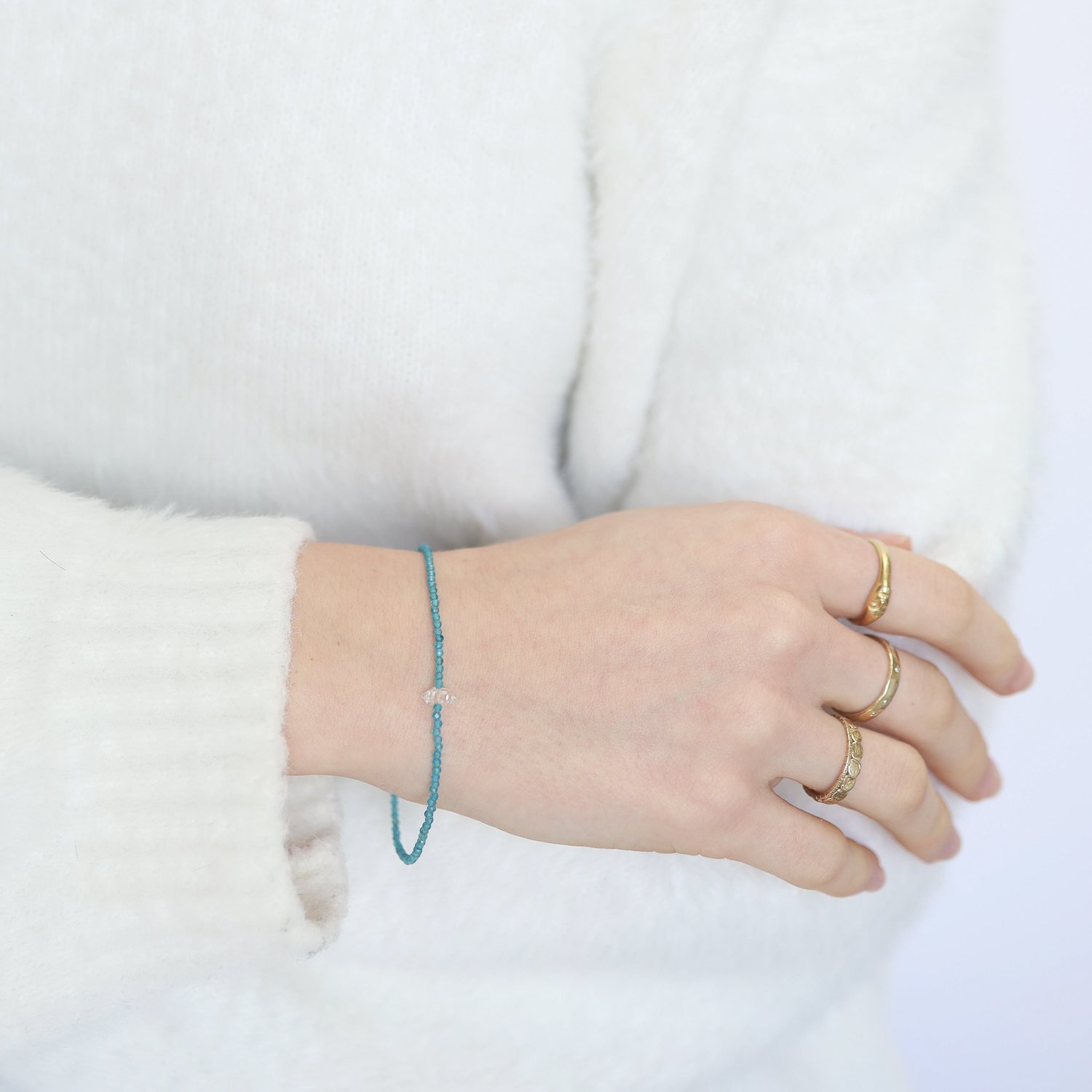 Margaret Solow: Bracelet, Apatite and herkimer diamond, Sterling silver, Measures 7 in length, Herkimer diamond measure 1/8 x 1/4