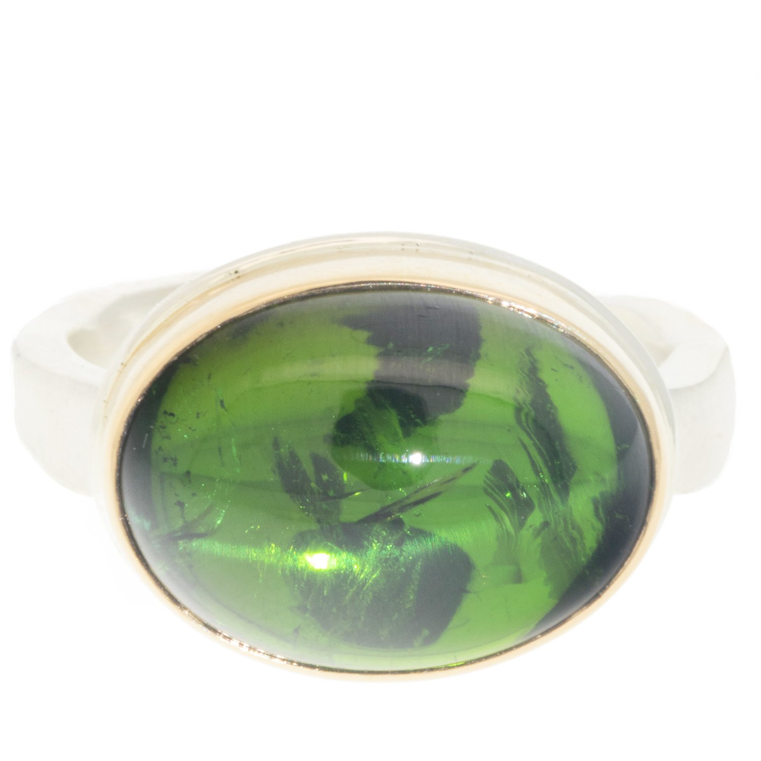 gold and silver ring with green tourmaline by jewelry designer Jamie Joseph