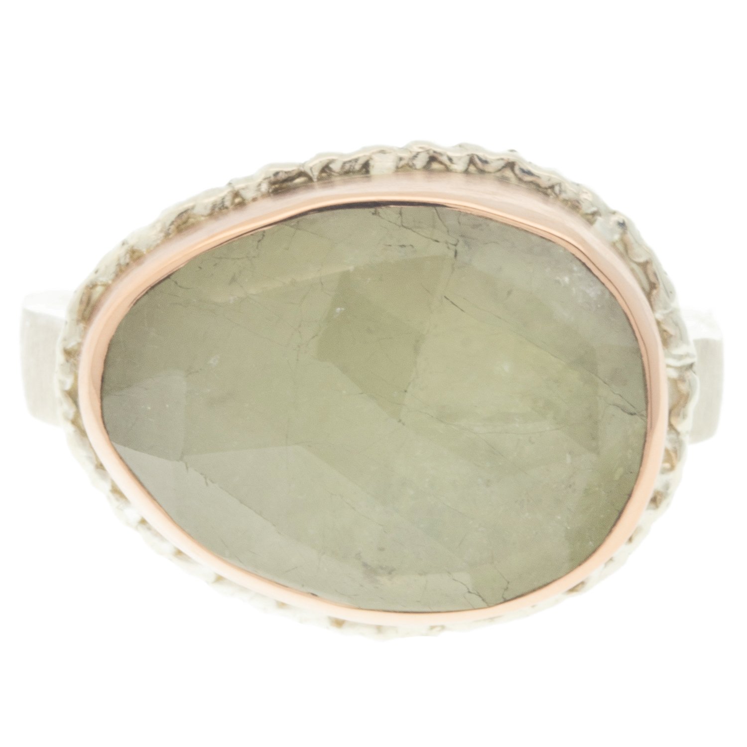 Jamie Joseph: Ring, Asymmetrical rose cut, 14K rose gold bezel set linen sapphire on lava platform, Sterling silver soft live edge band, Stone measures 1/2 x 5/8, Currently available in size 6 1/4