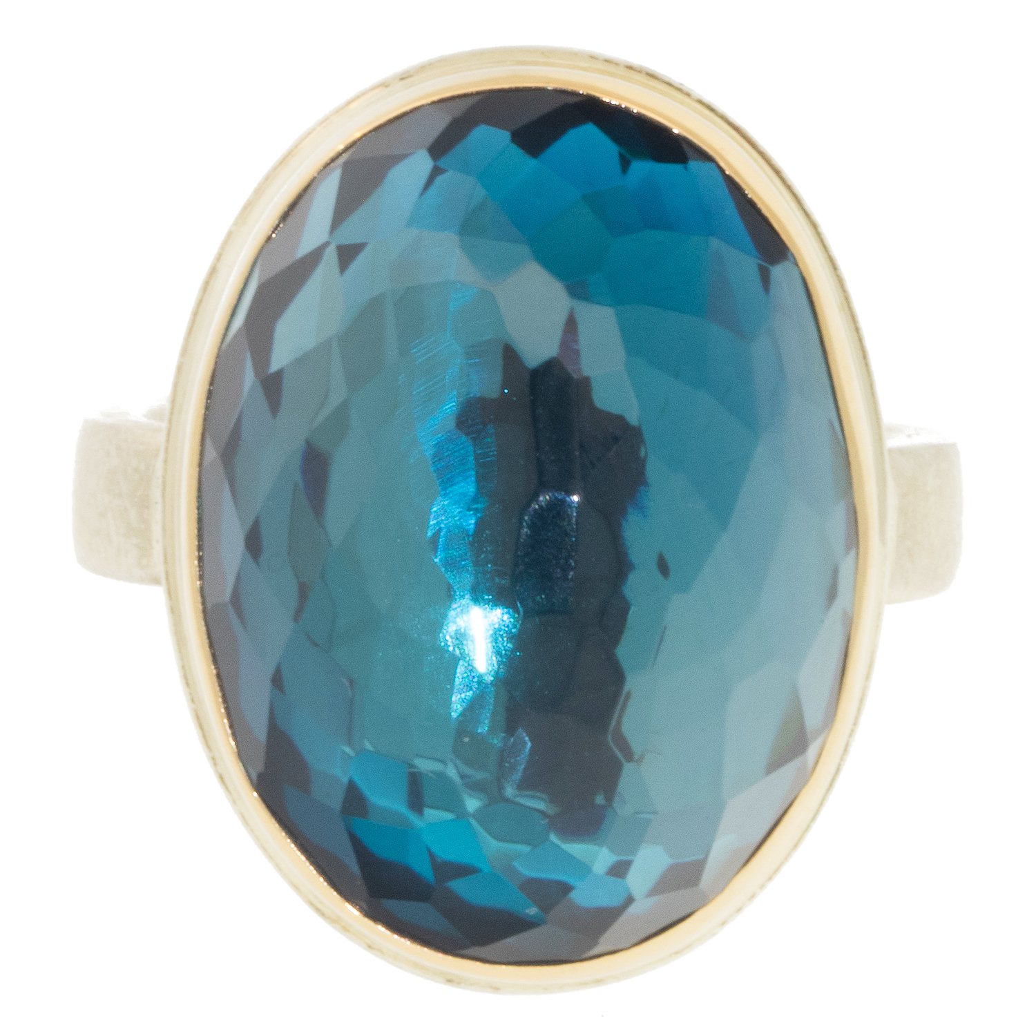 Jamie Joseph: Ring, Vertical inverted oval, 14K yellow gold bezel set London blue topaz, Sterling silver Y band, Stone measures 7/8 x 11/16, Currently available in size 8 1/4