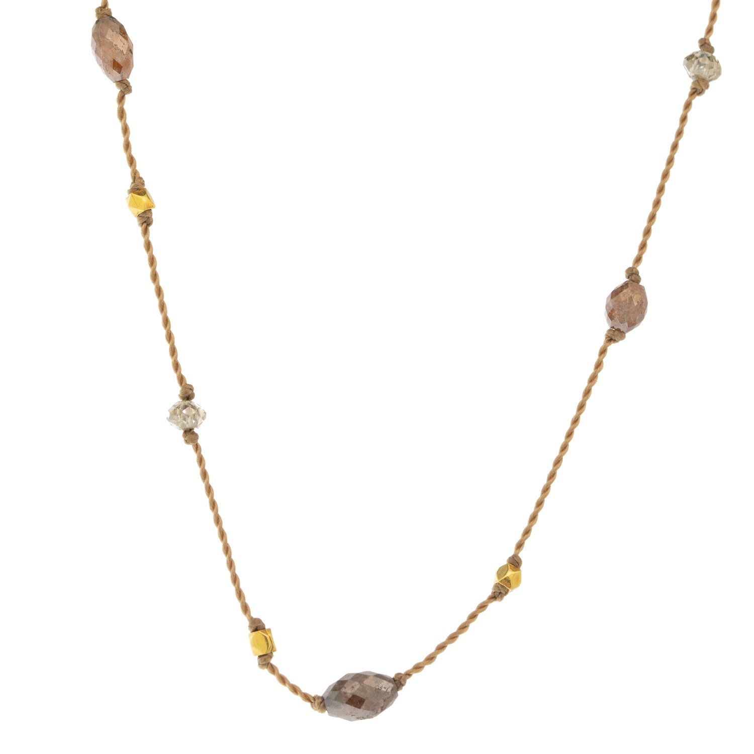 Margaret Solow: Necklace, 6 Rustic cognac diamonds, 18K yellow gold, Nylon cord measures 16