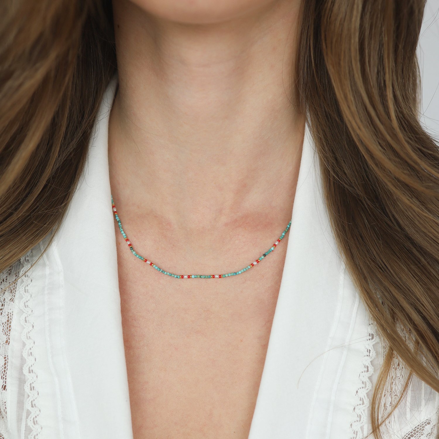 Tai: Turquoise Beads necklace with Tiny Fresh Water Pearls, Measures 15 1/2 - 17 1/2” in length