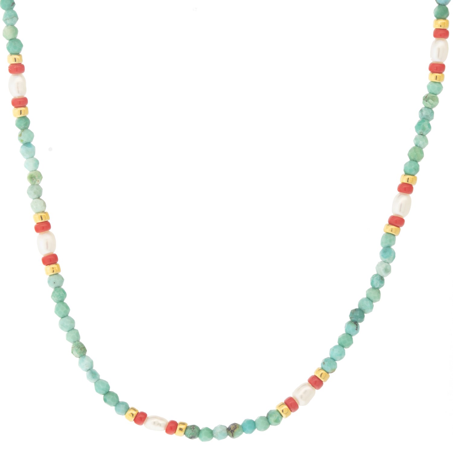 Tai: Turquoise Beads necklace with Tiny Fresh Water Pearls, Measures 15 1/2 - 17 1/2” in length