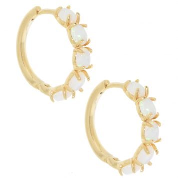 Tai: Gold Huggie Earrings with White Opal Setting, 11/16 in diameter