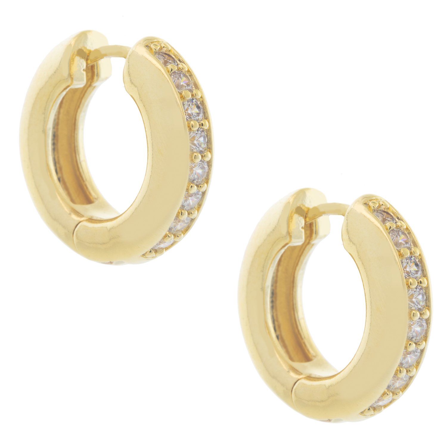 Tai: Gold Huggie Earrings with 1 Row of Set CZ, 5/8 in diameter 3/8 in width
