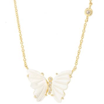 Tai: Gold Simple Chain Necklace with Mother of Pearl Cut Butterfly, Chain measures 16-18, pendant measures 1/2 x 5/8